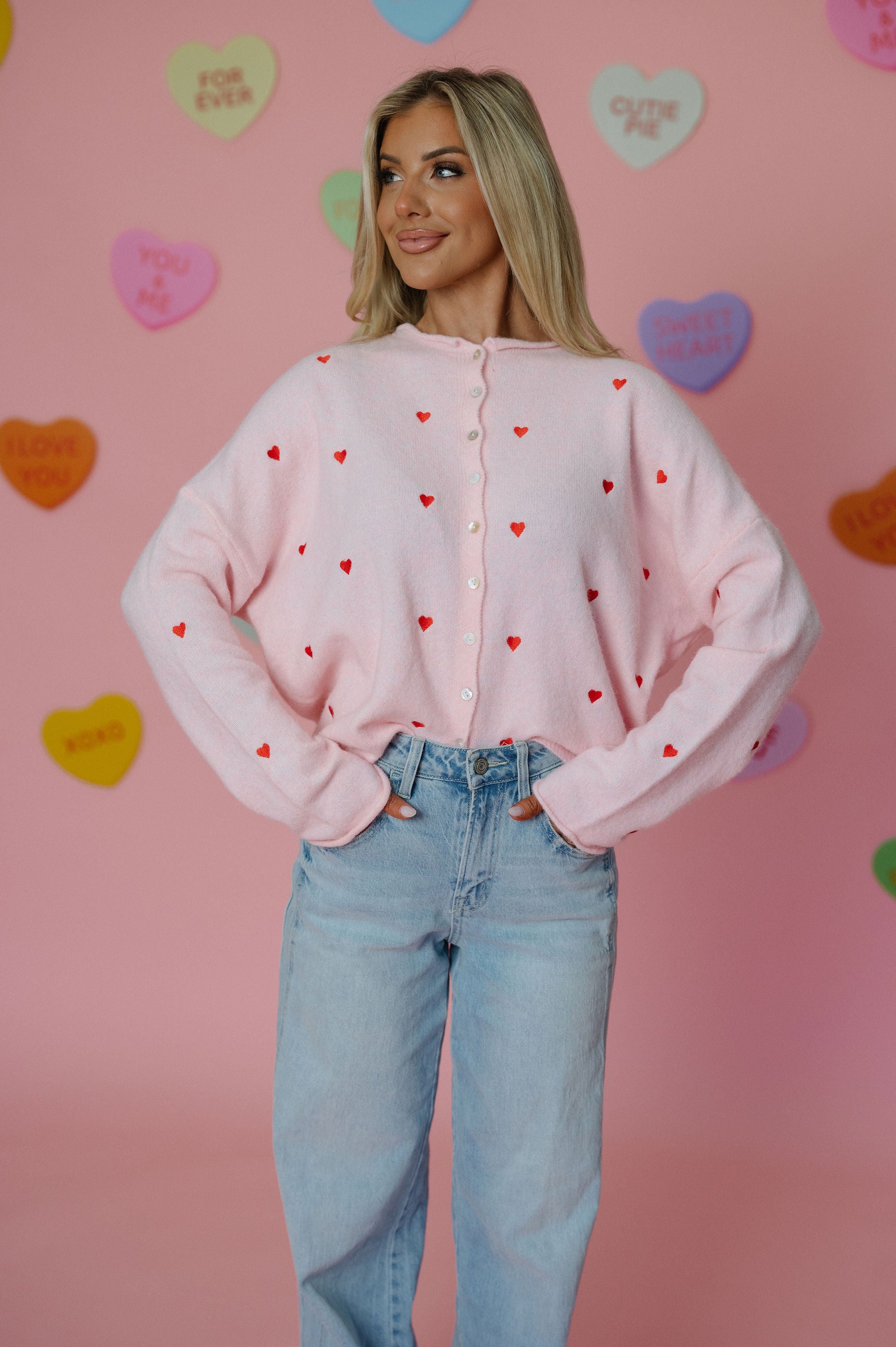 Heart Embroidered Cardigan-Pink/Red