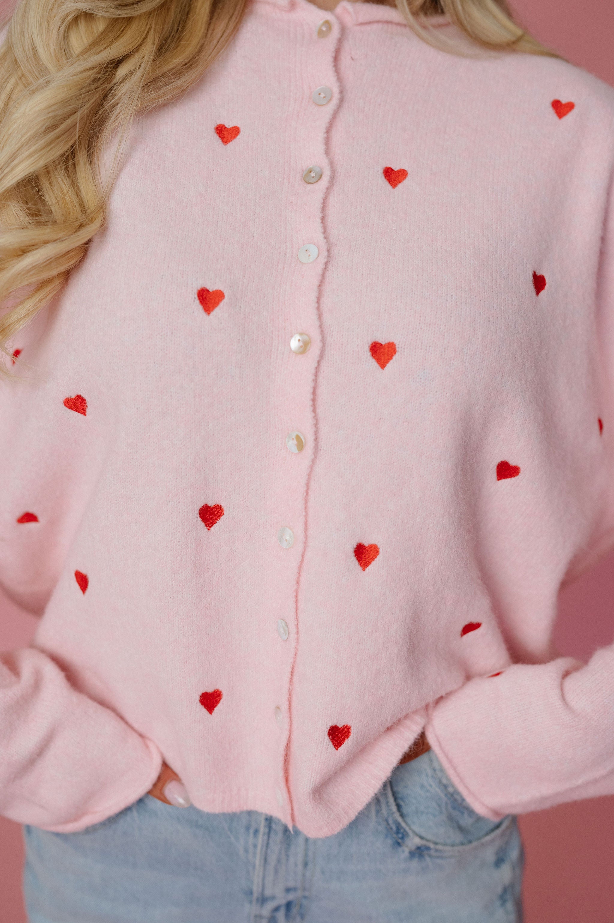 Heart Embroidered Cardigan-Pink/Red