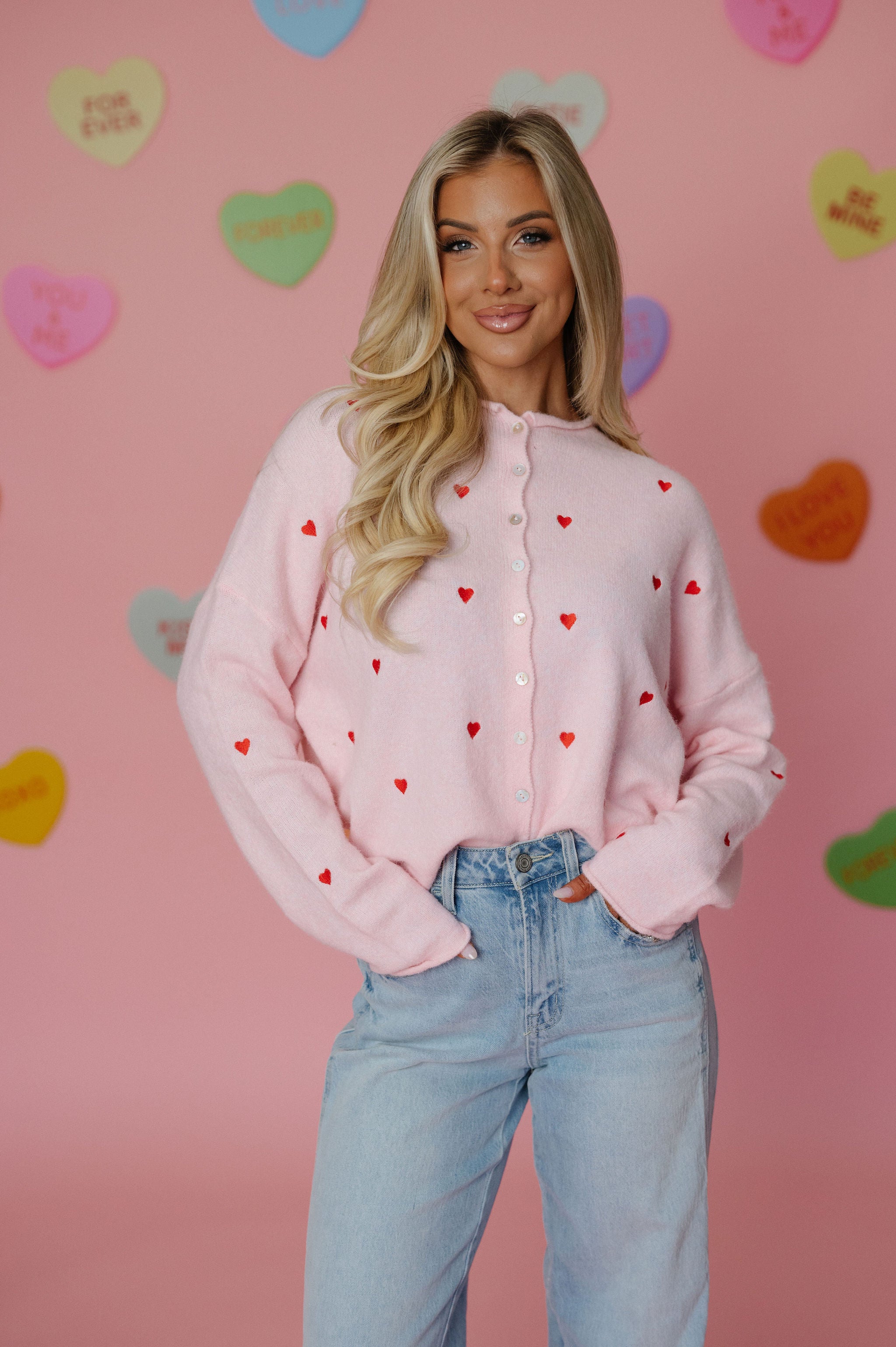 Heart Embroidered Cardigan-Pink/Red