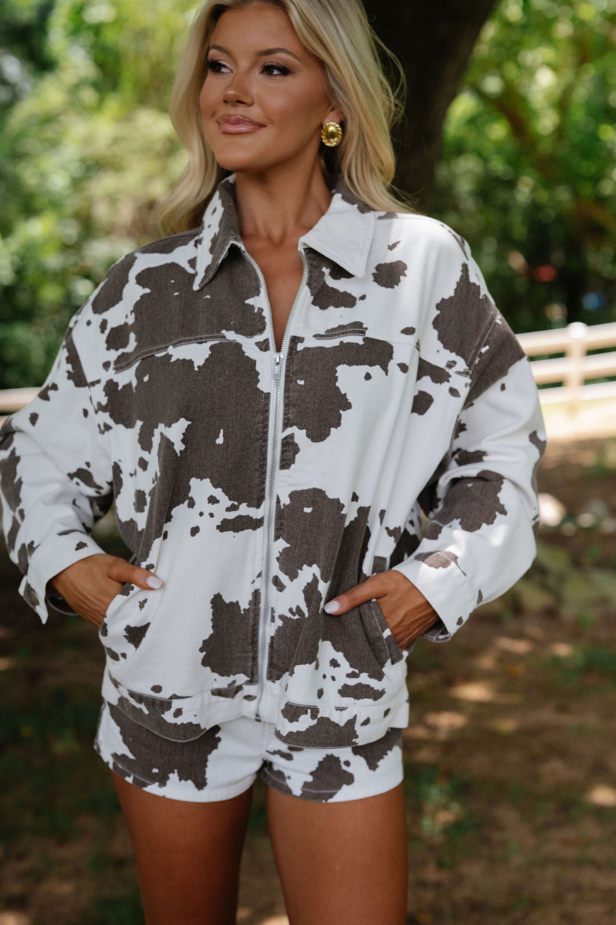 Cow Print Shorts Set-White/Brown