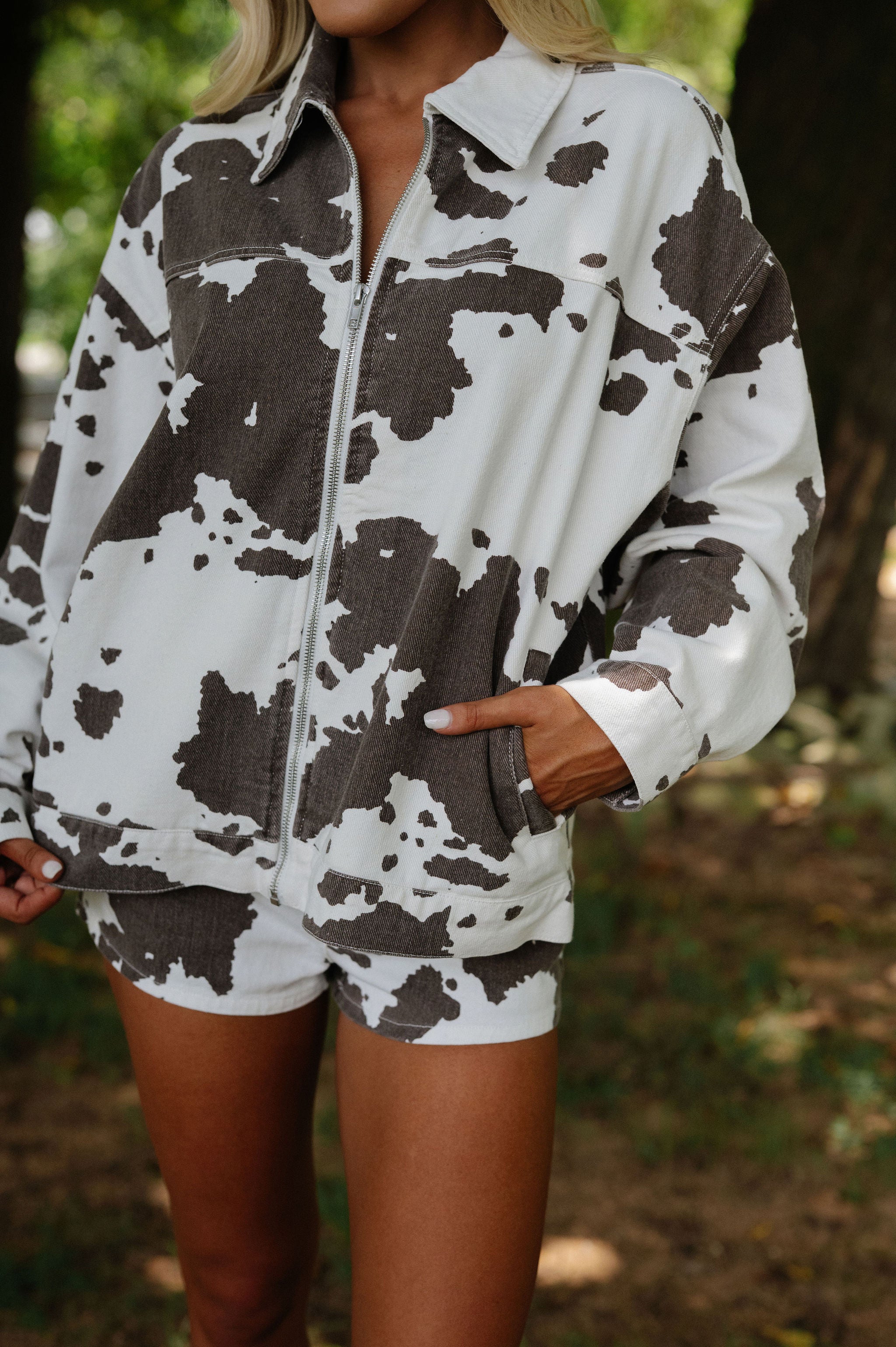 Cow Print Shorts Set-White/Brown