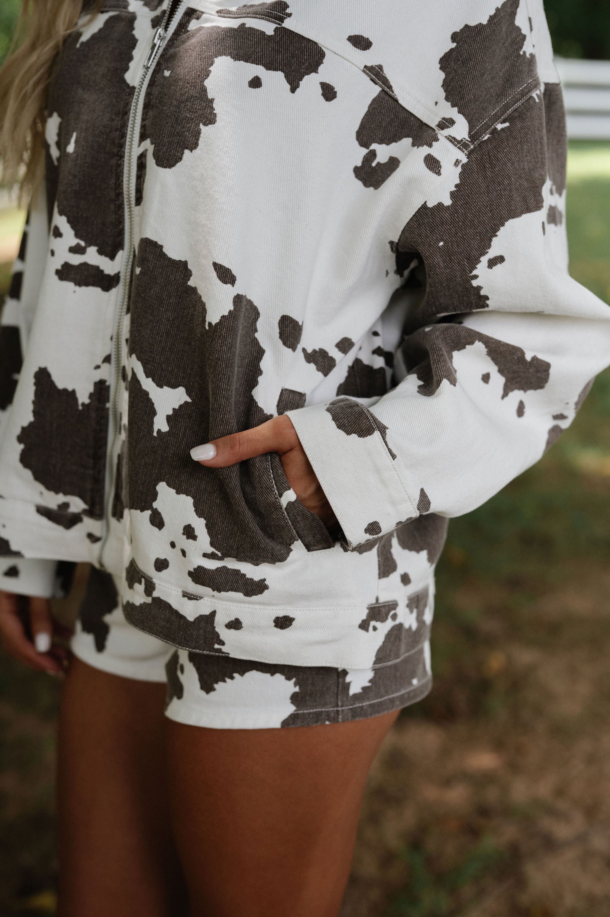 Cow Print Shorts Set-White/Brown