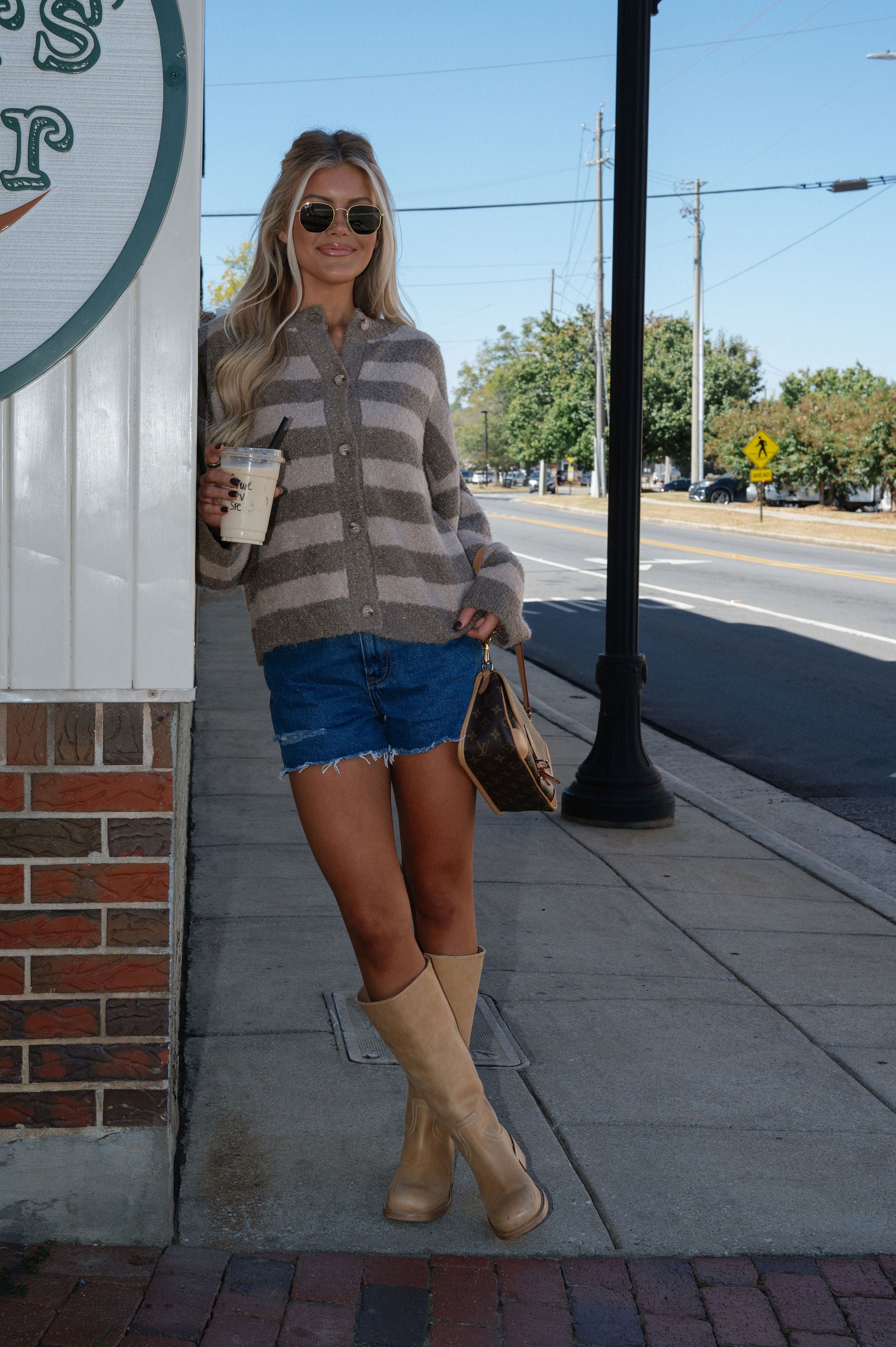 Fuzzy Stripe Cardigan-Beige/Taupe
