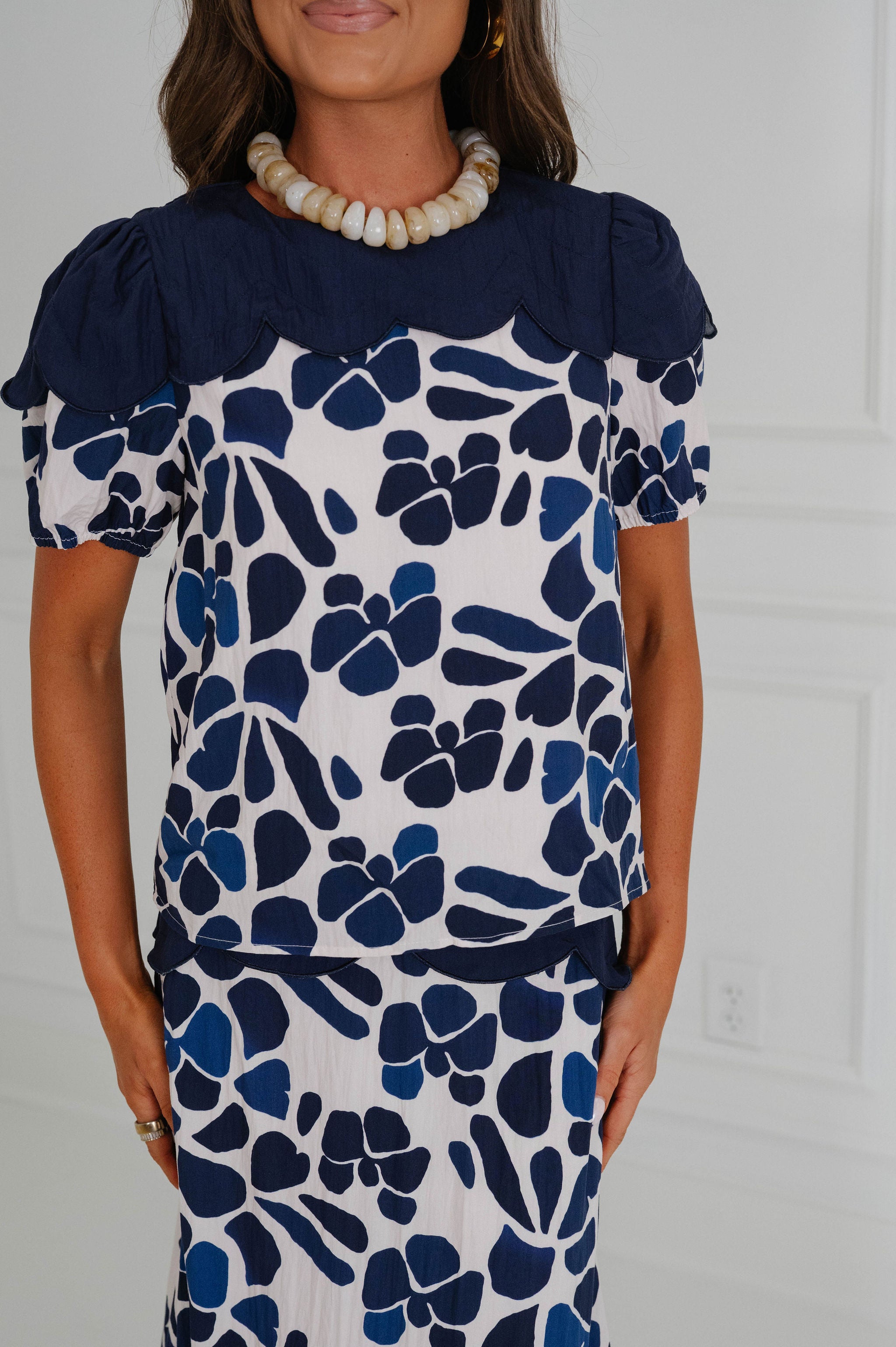 Melissa Scallop Detail Skirt Set-Navy Multi