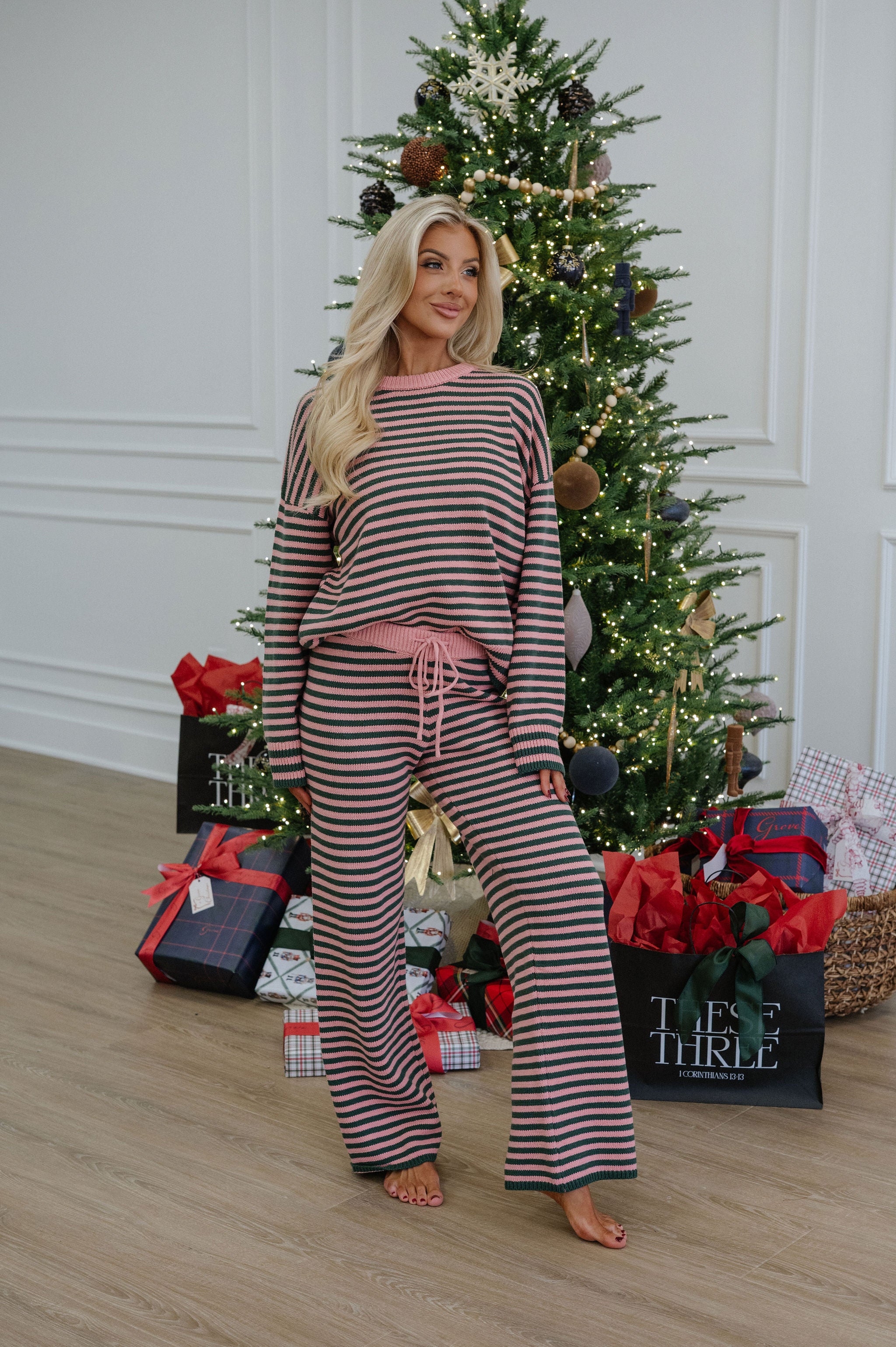 Henderson Striped Pants Set-Green/Pink