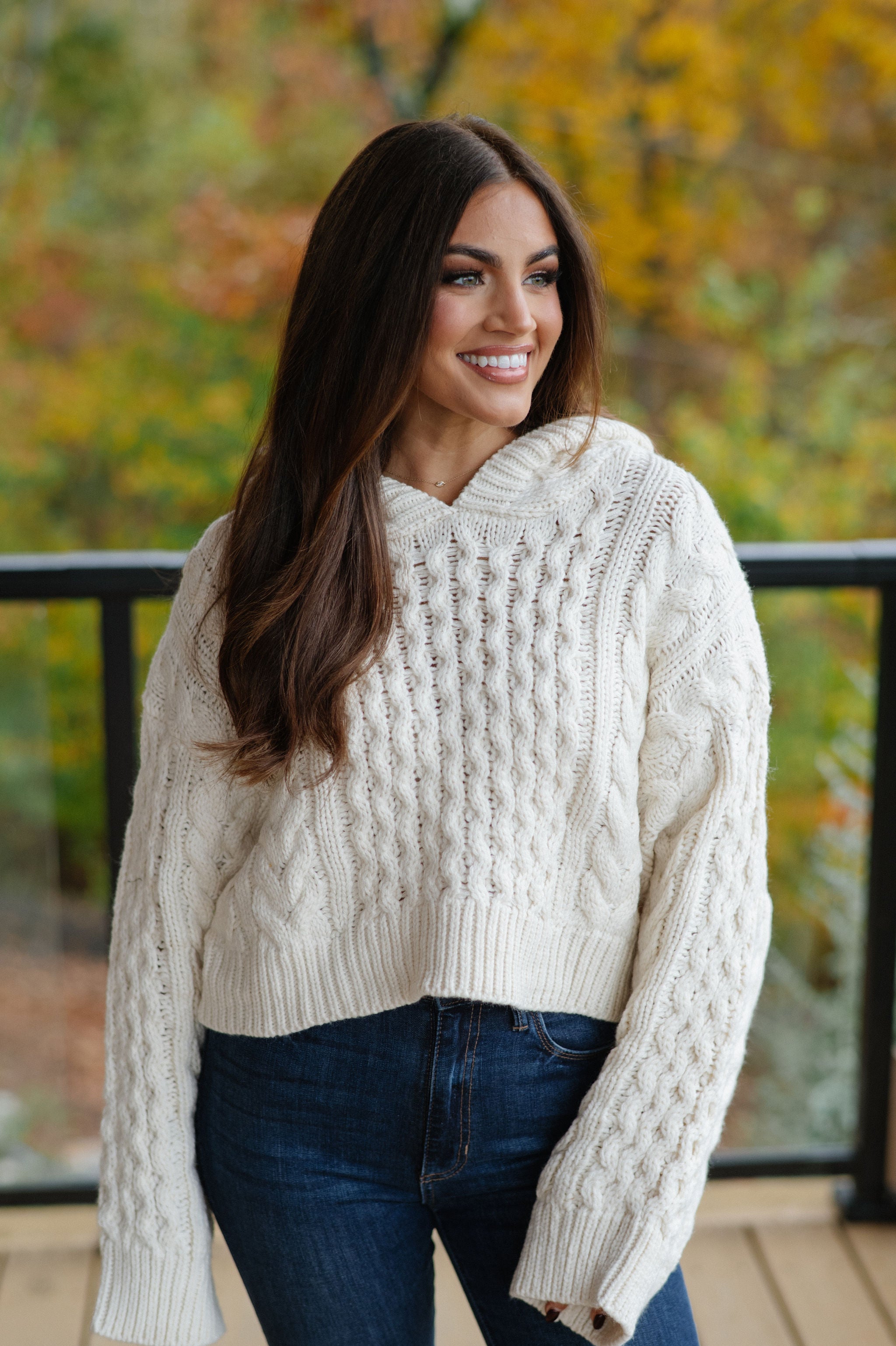 Cable Knit Hooded Sweater-Cream