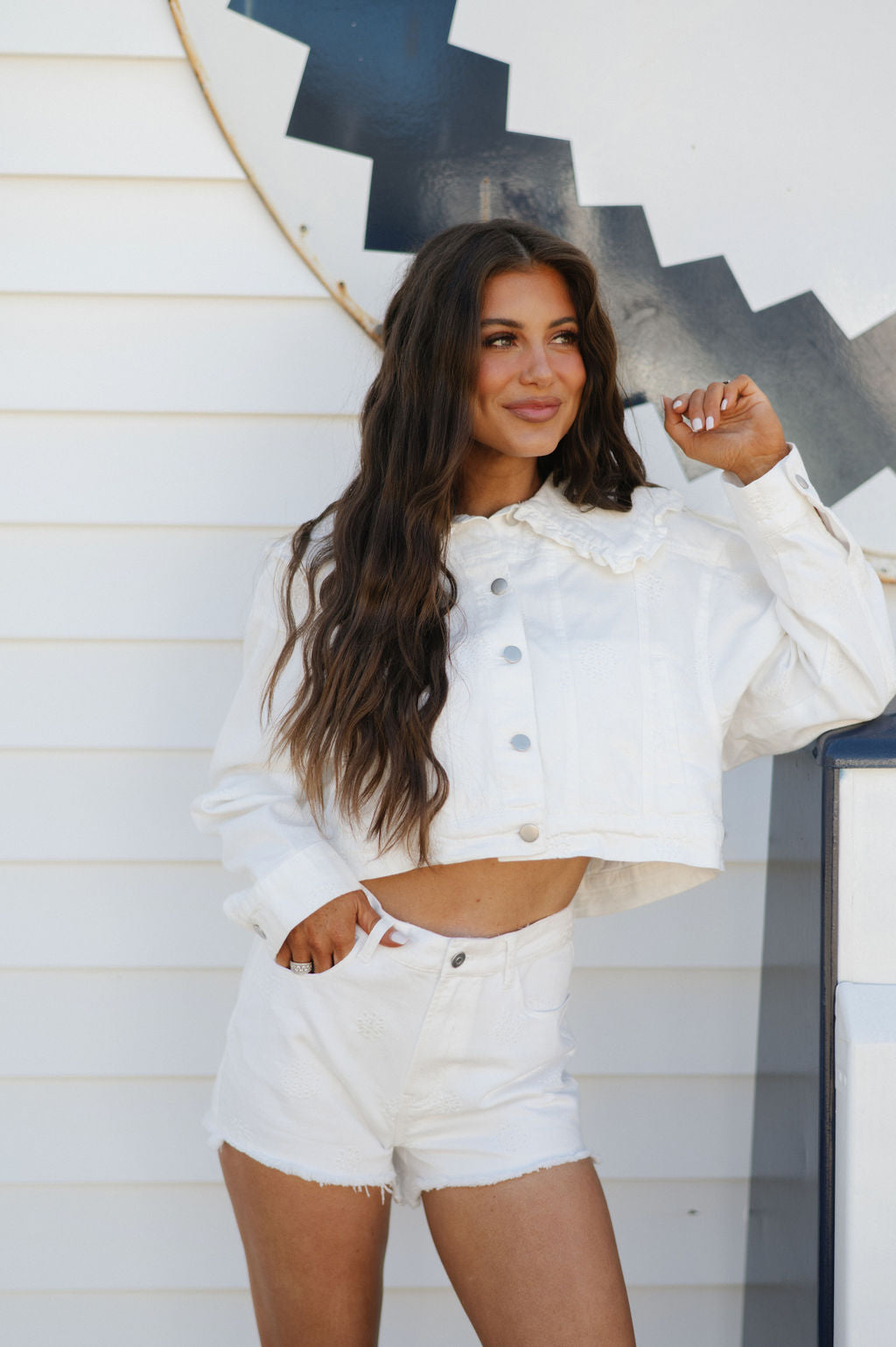 Embroidered Washed Denim Shorts-Off White