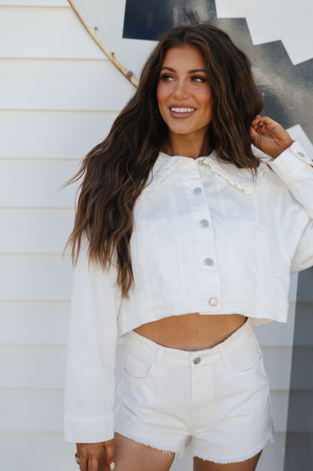 Embroidered Washed Denim Shorts-Off White
