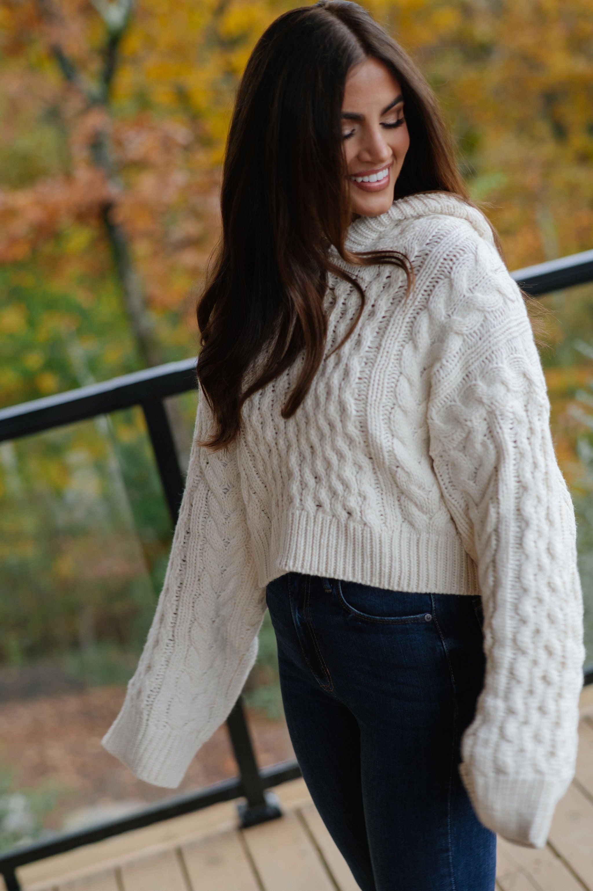 Cable Knit Hooded Sweater-Cream