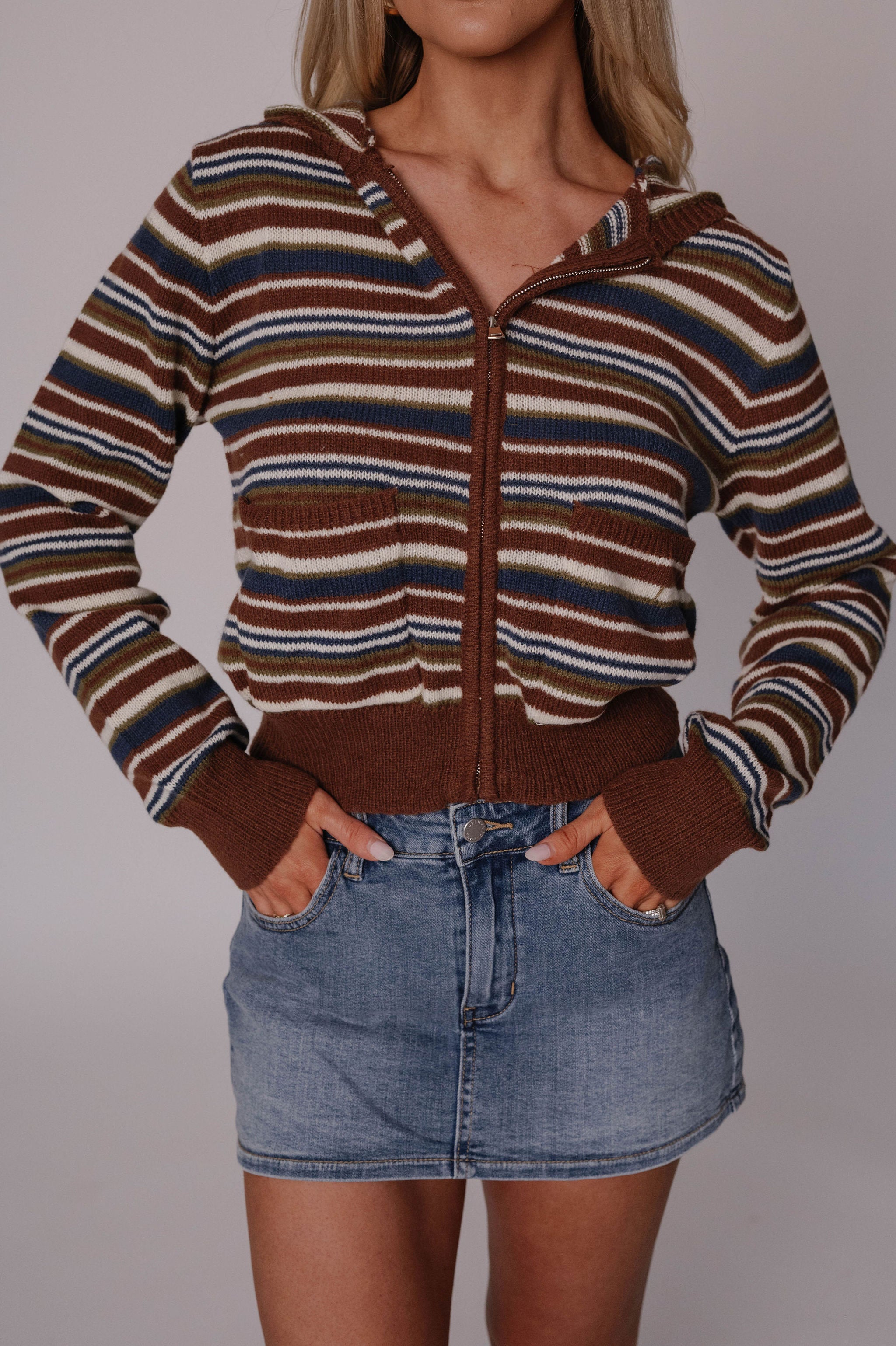 Megan Striped Knit Hoodie-Brown Multi