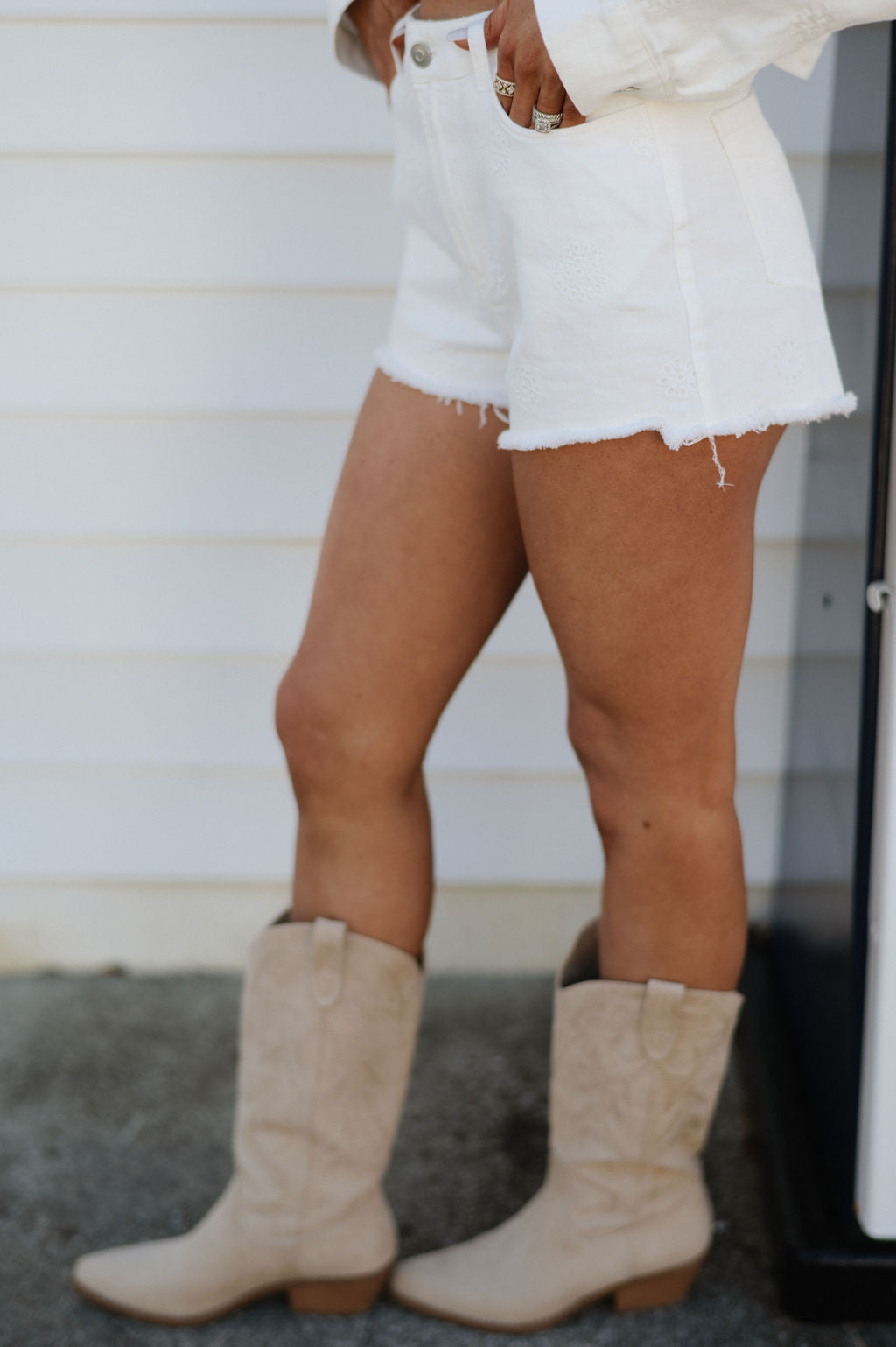 Embroidered Washed Denim Shorts-Off White