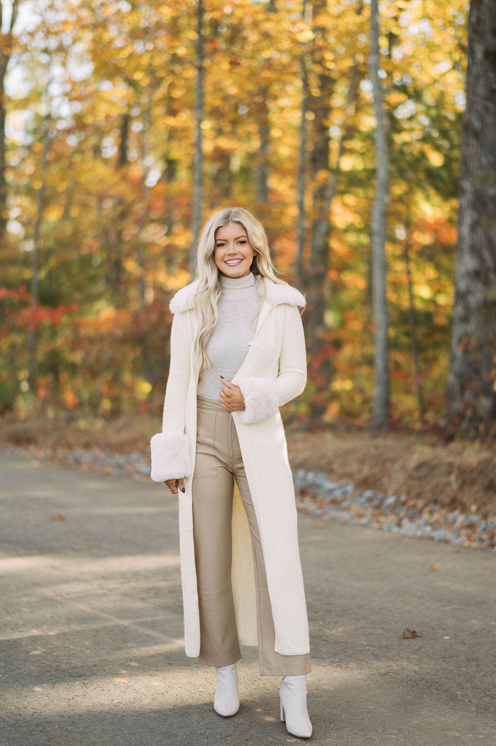 Faux Fur Trim Knit Cardigan-Cream