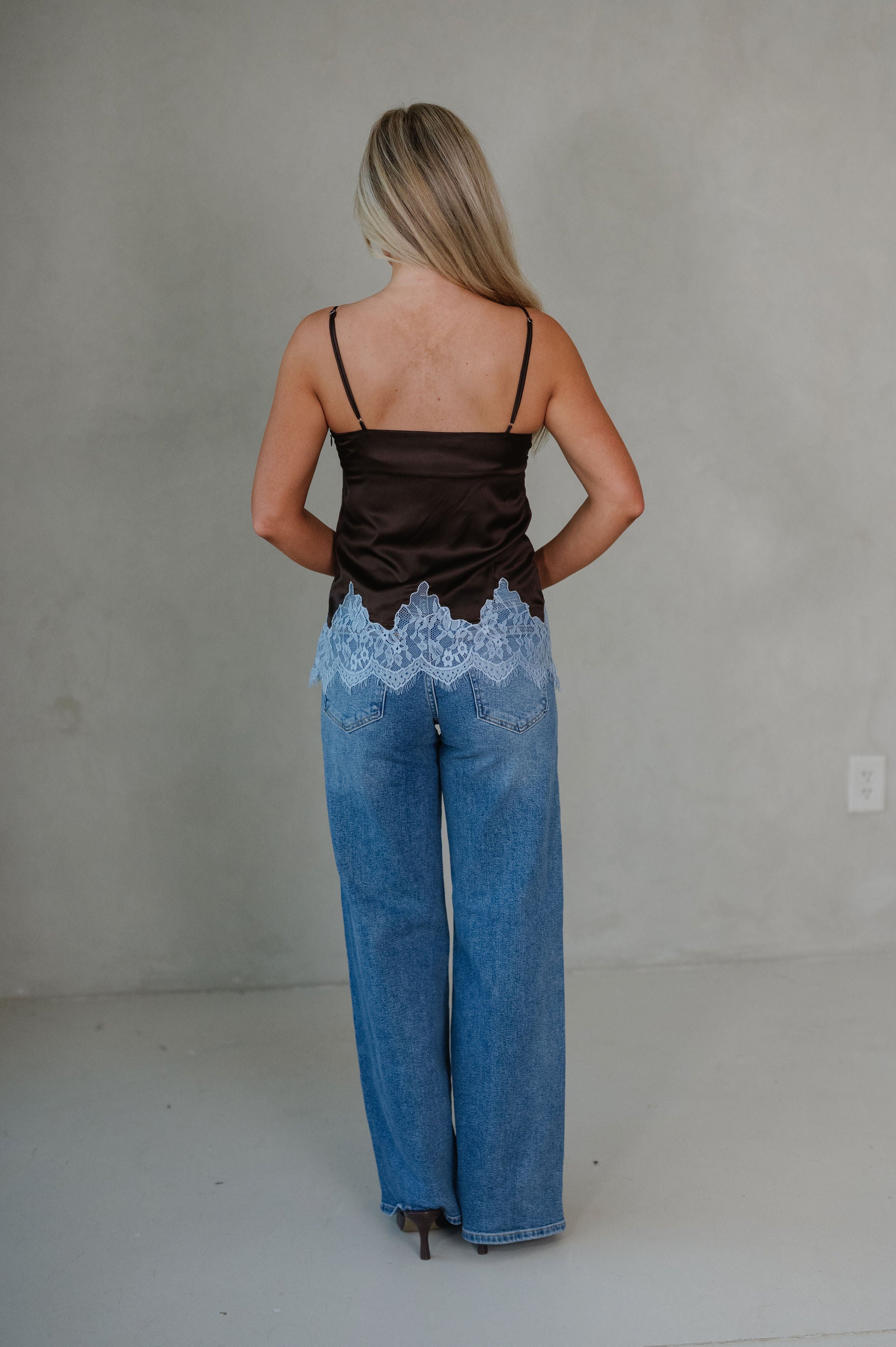 Sadie Satin Lace Cami-Brown/Blue
