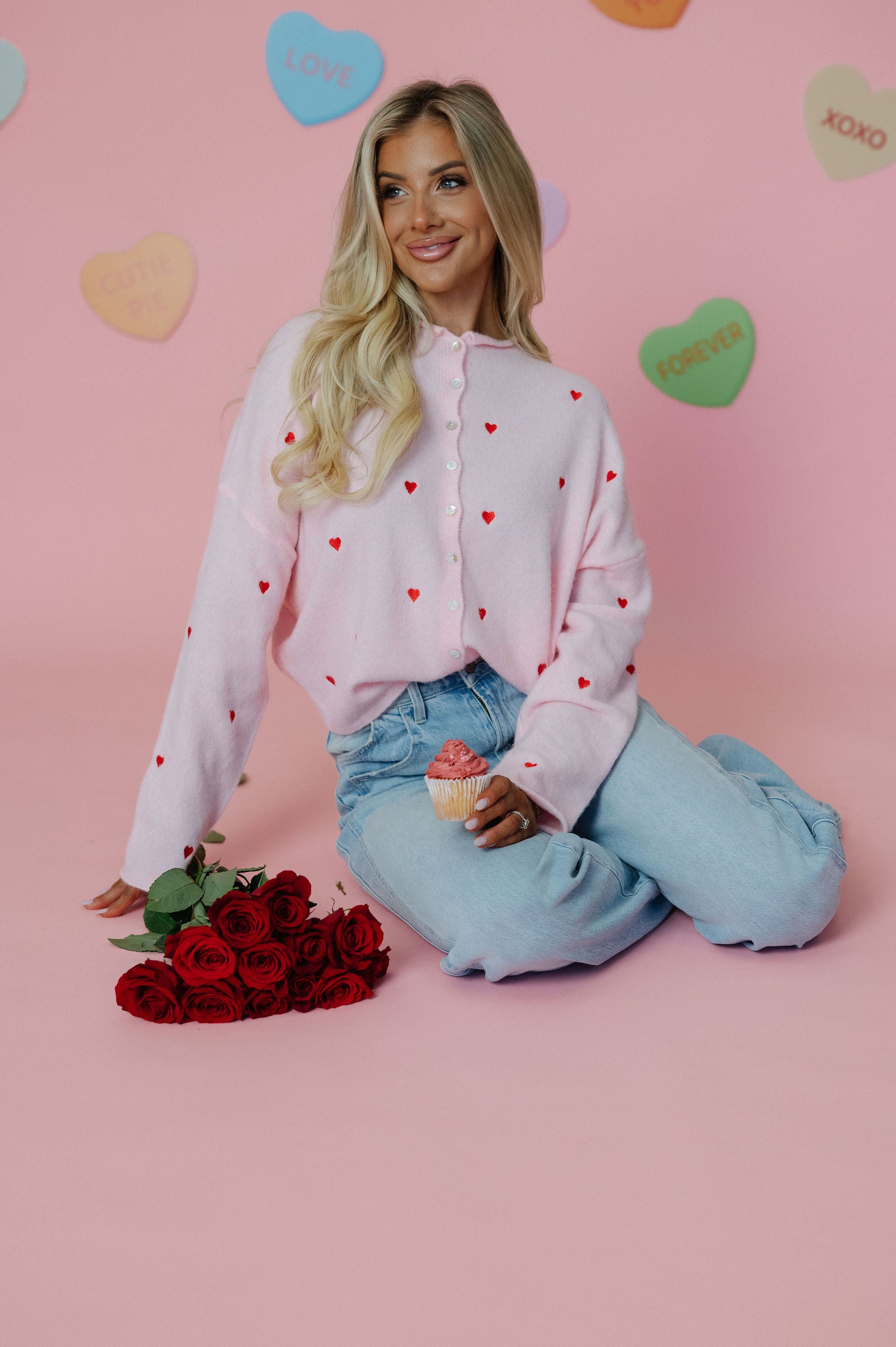 Heart Embroidered Cardigan-Pink/Red