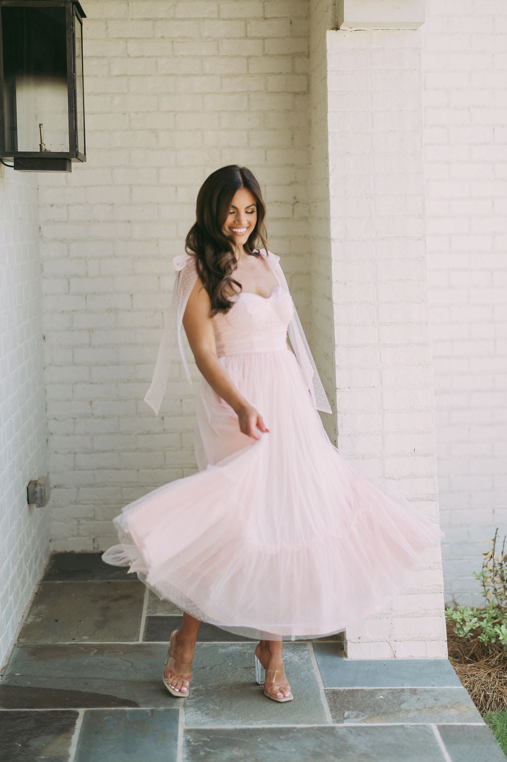 Shoulder Tie Polka Dot Tulle Dress- Blush