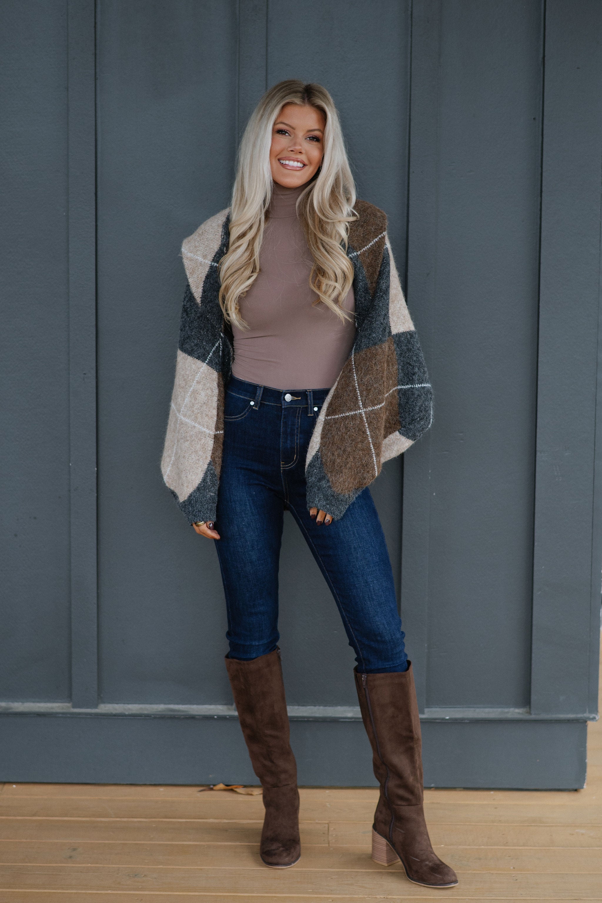 Argyle Knit Shrug Cardigan-Charcoal