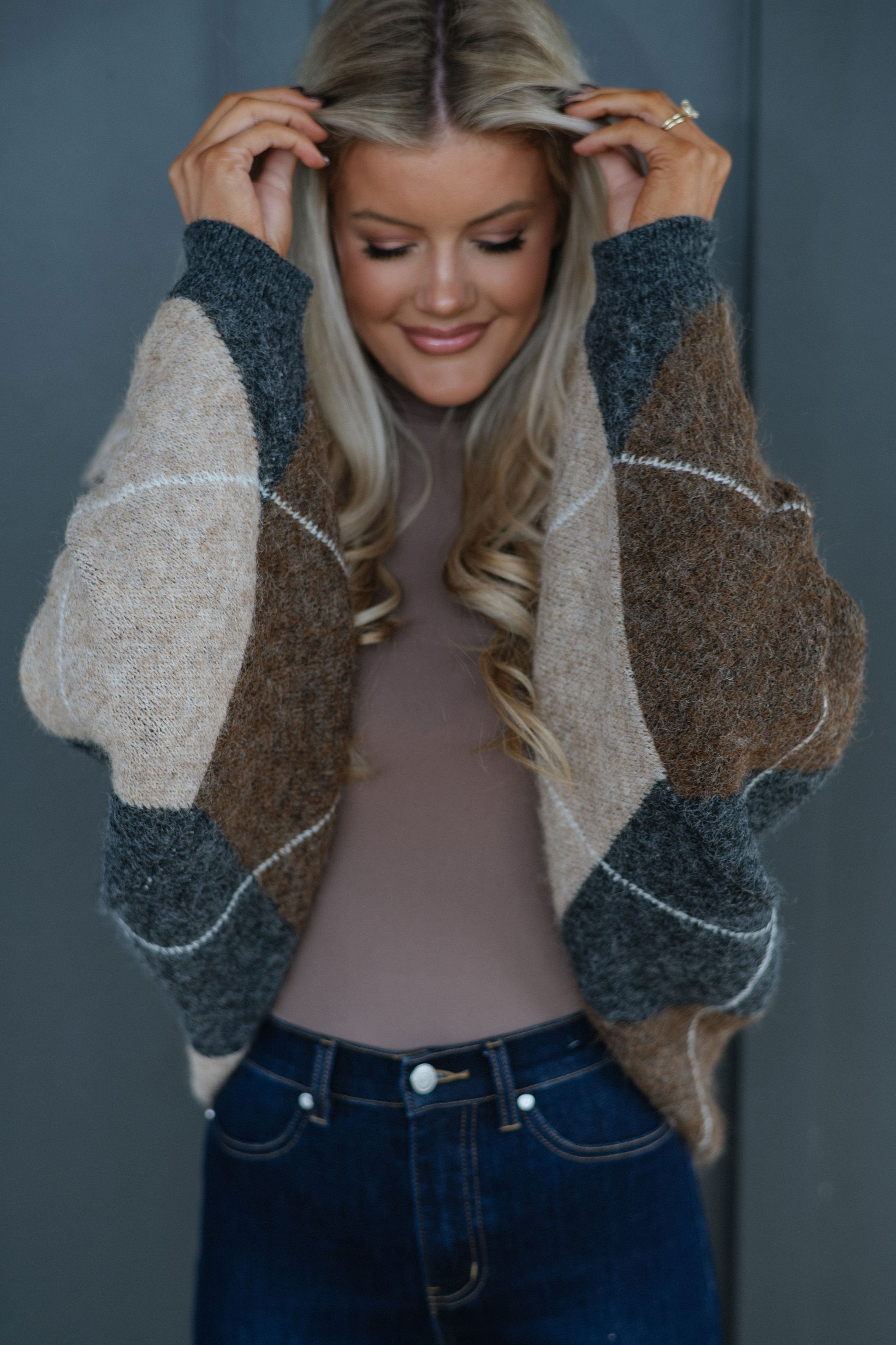 Argyle Knit Shrug Cardigan-Charcoal