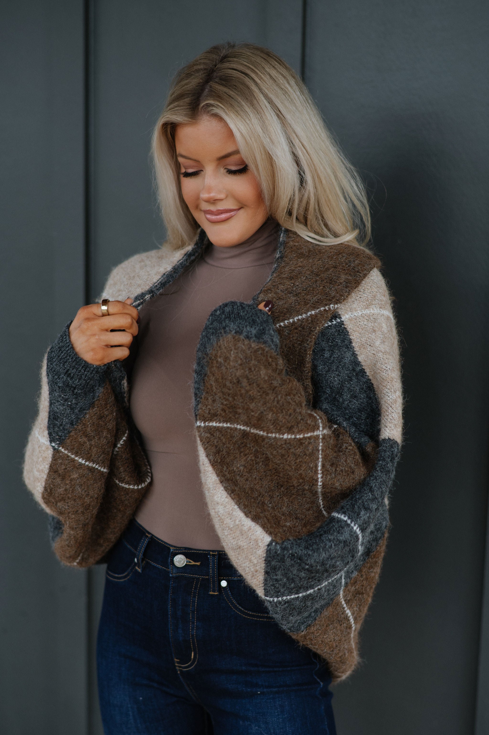 Argyle Knit Shrug Cardigan-Charcoal