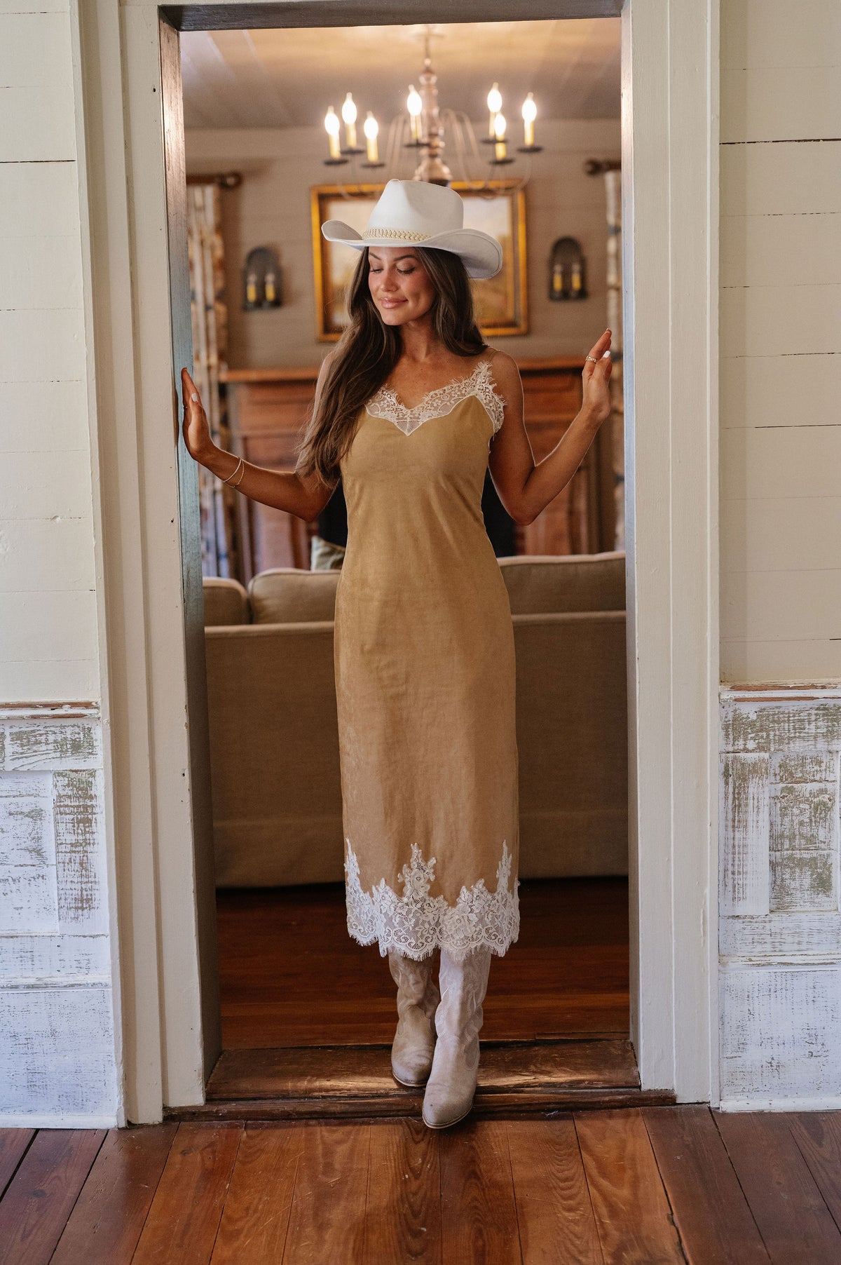 Olivia Midi Lace Suede Dress-Camel