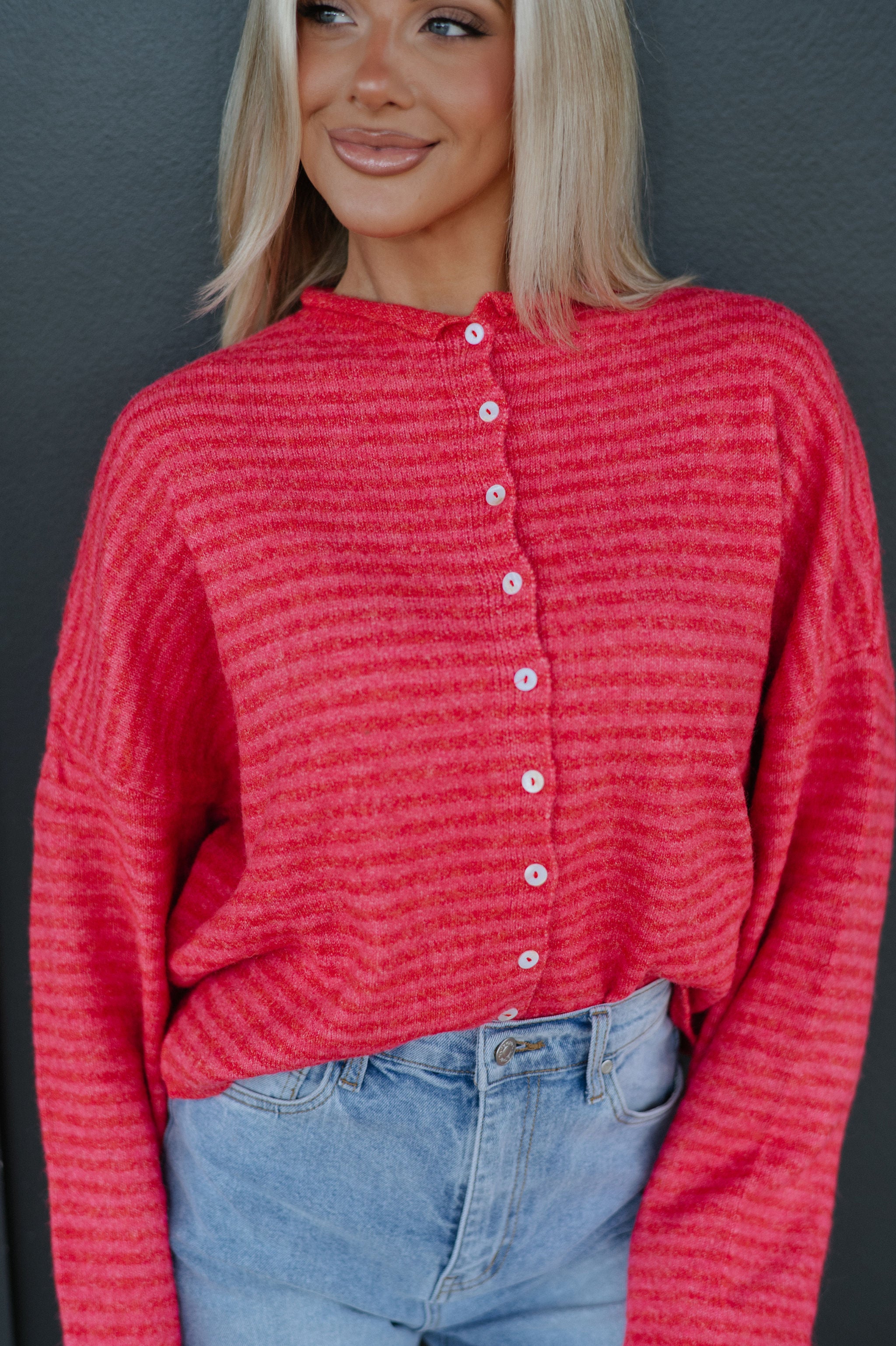 Mallory Mini Striped Cardigan- Cherry Red
