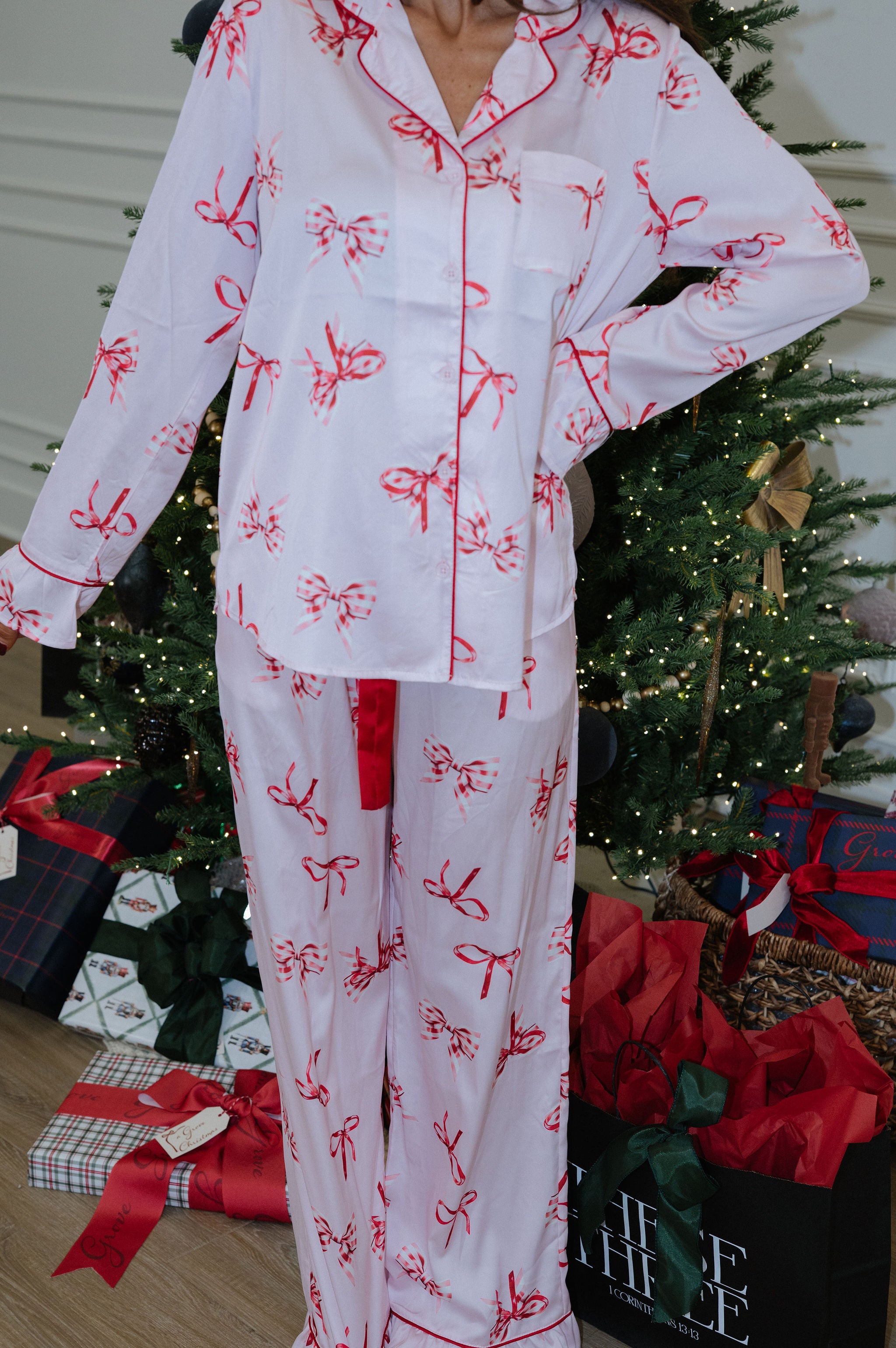 Bentley Bow Satin Pajamas-Light Pink