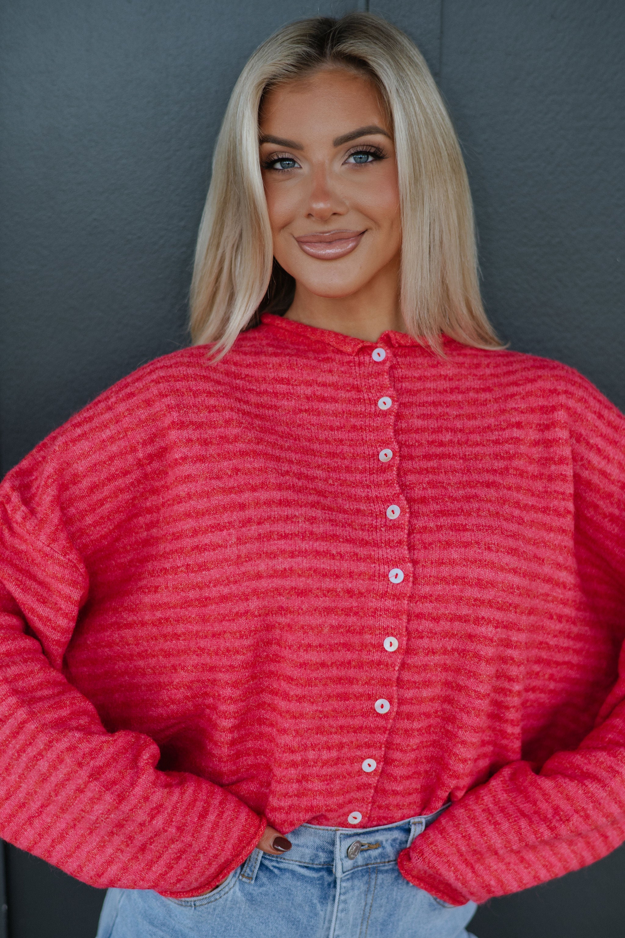 Mallory Mini Striped Cardigan- Cherry Red