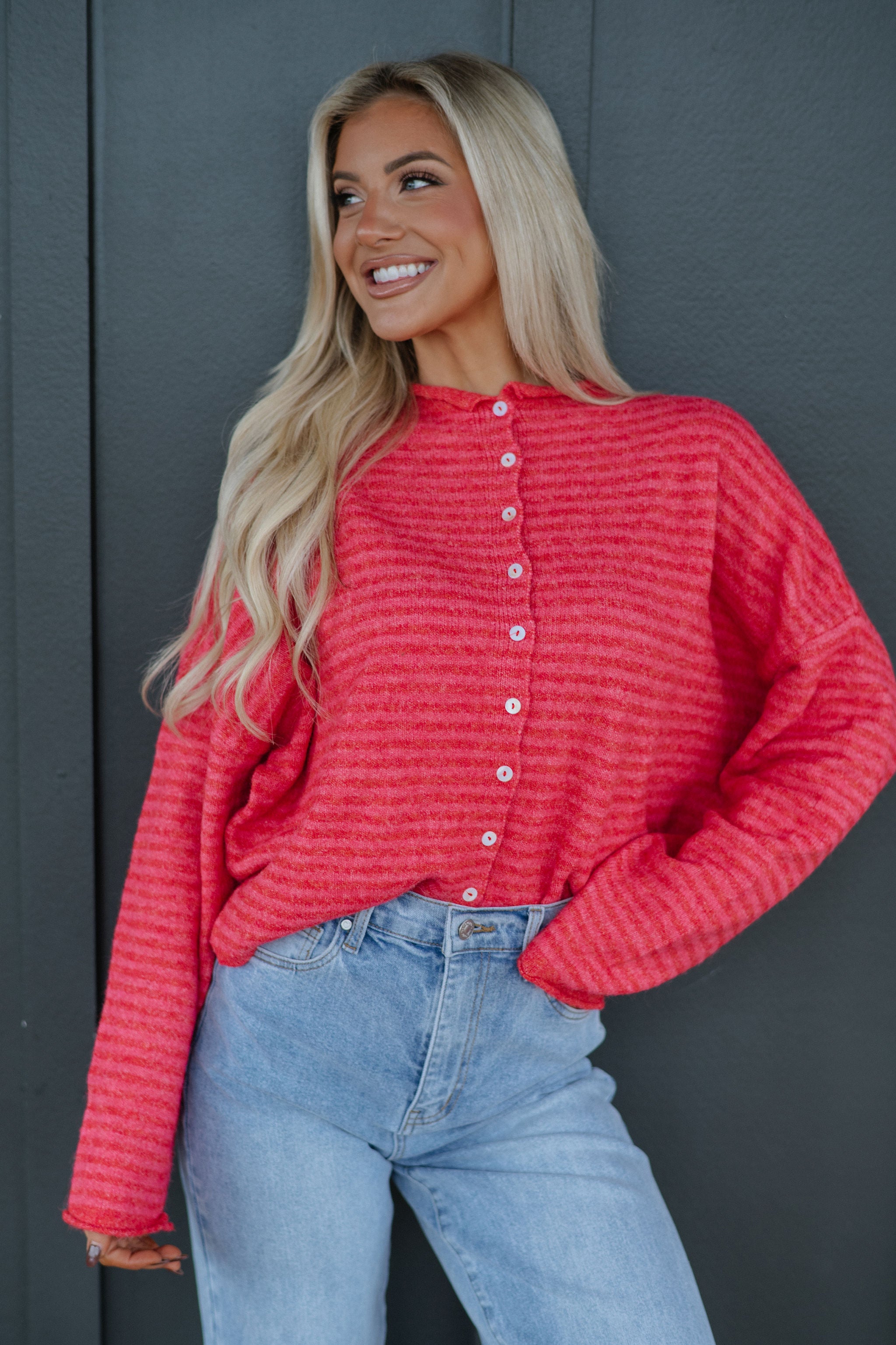 Mallory Mini Striped Cardigan- Cherry Red