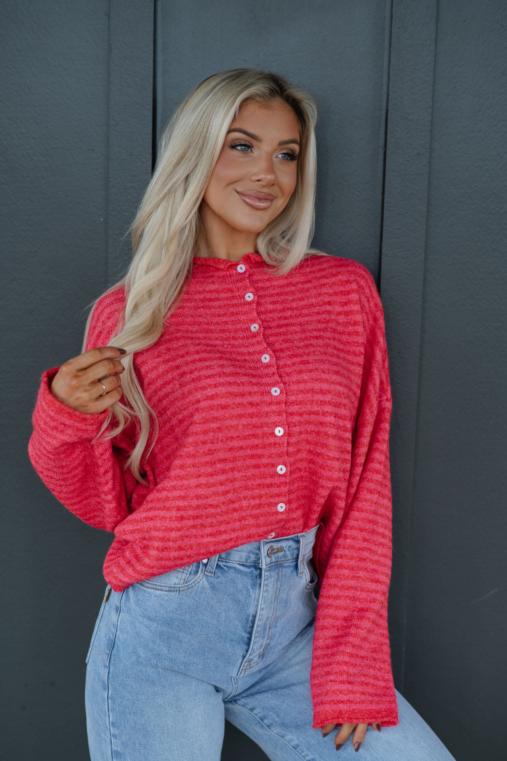 Mallory Mini Striped Cardigan- Cherry Red