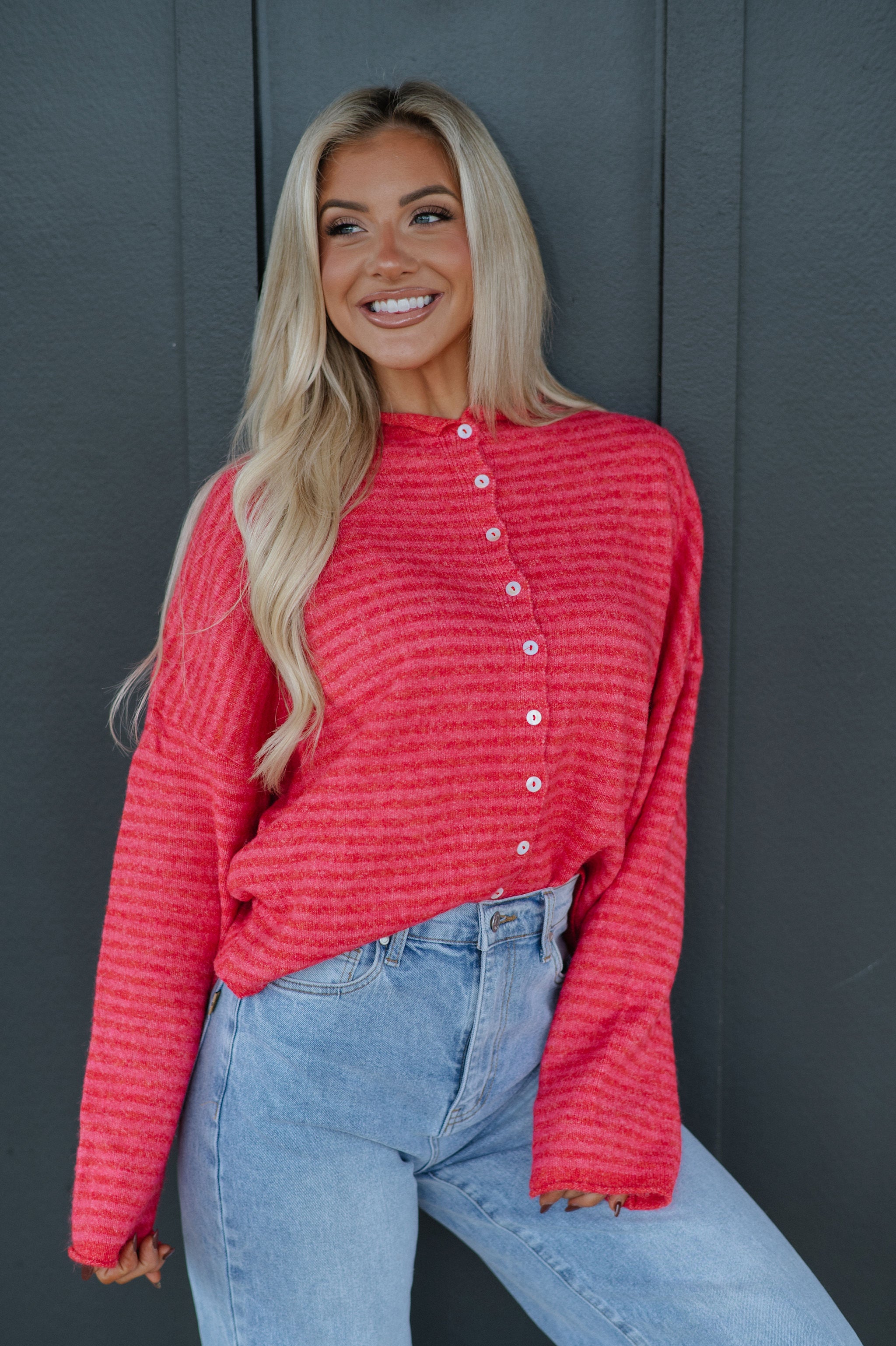 Mallory Mini Striped Cardigan- Cherry Red