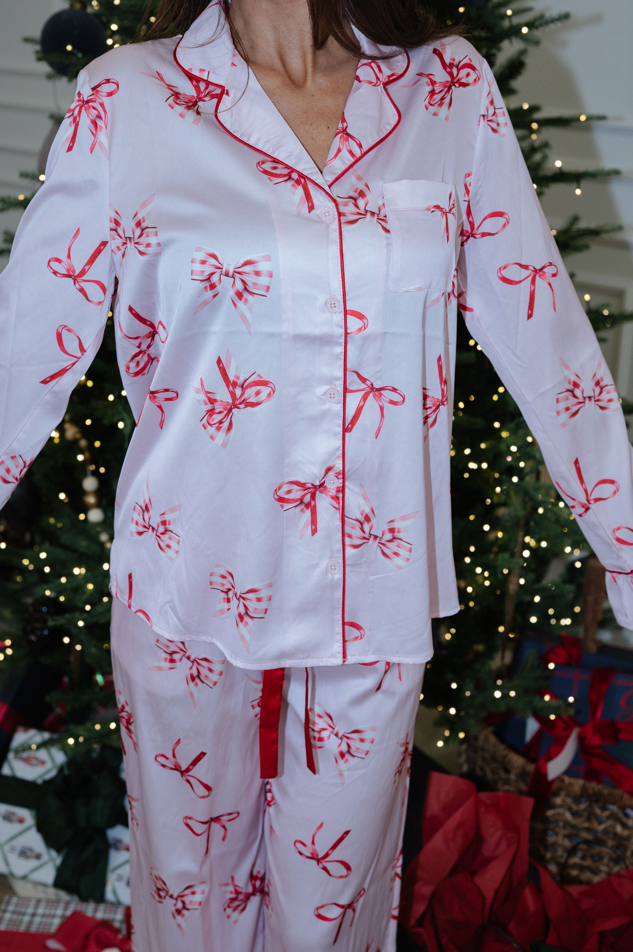 Bentley Bow Satin Pajamas-Light Pink