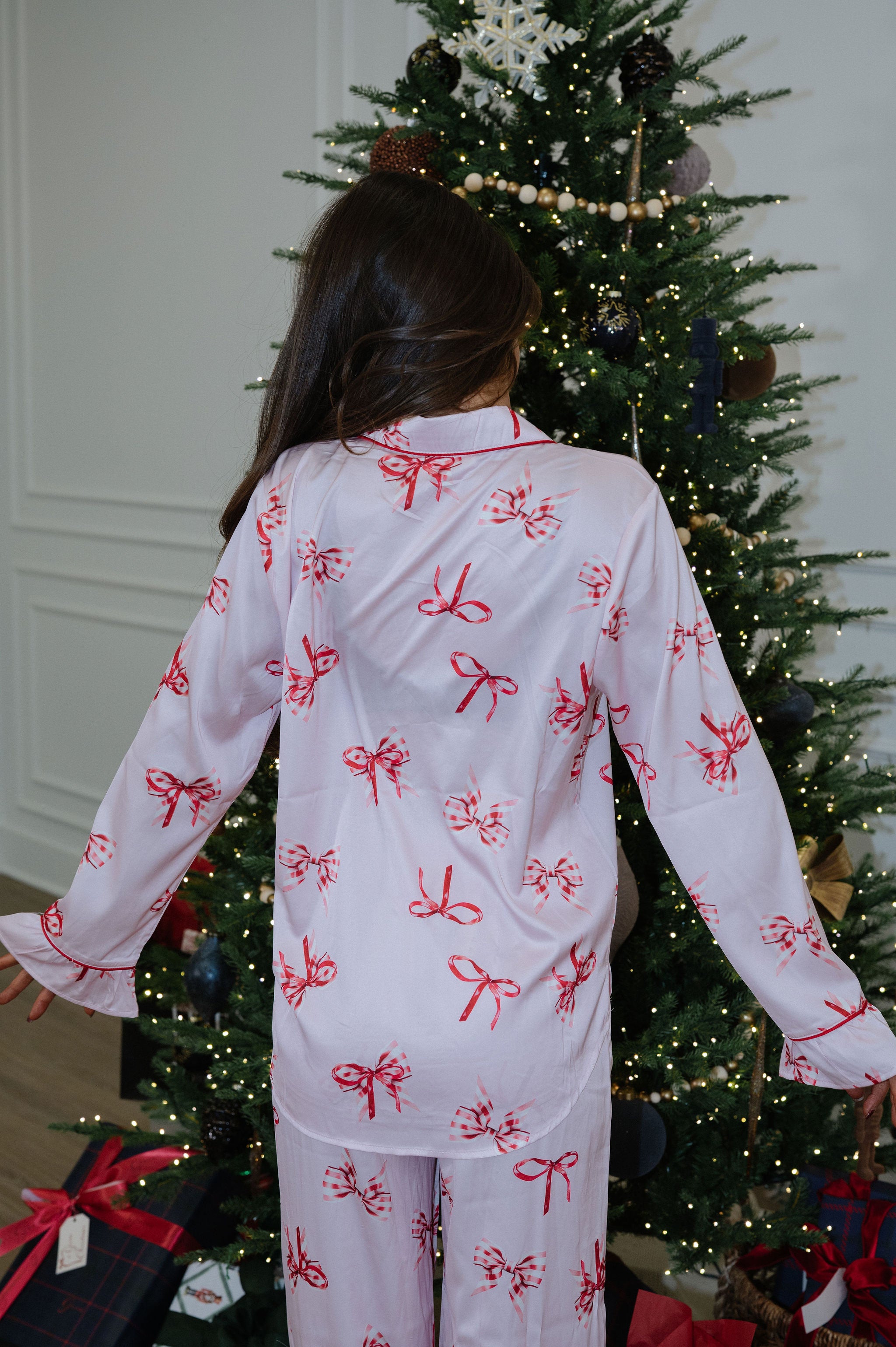 Bentley Bow Satin Pajamas-Light Pink