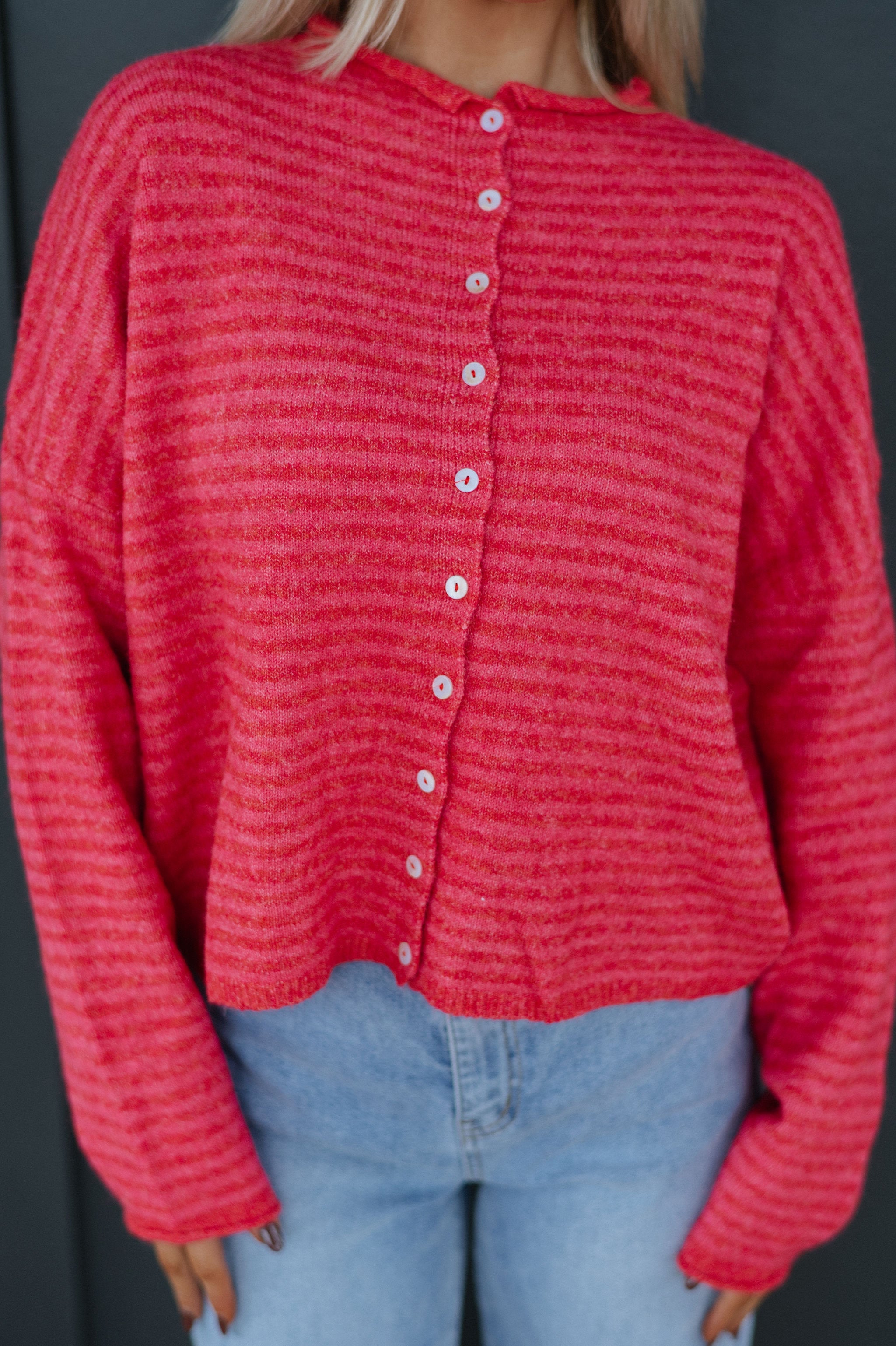 Mallory Mini Striped Cardigan- Cherry Red