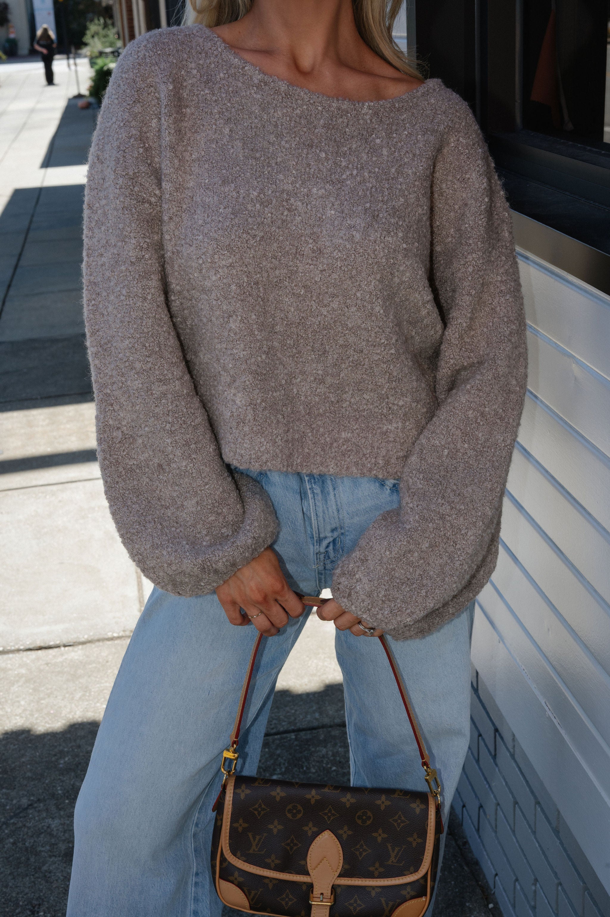 Textured Knit Bubble Sleeve Sweater-Mocha