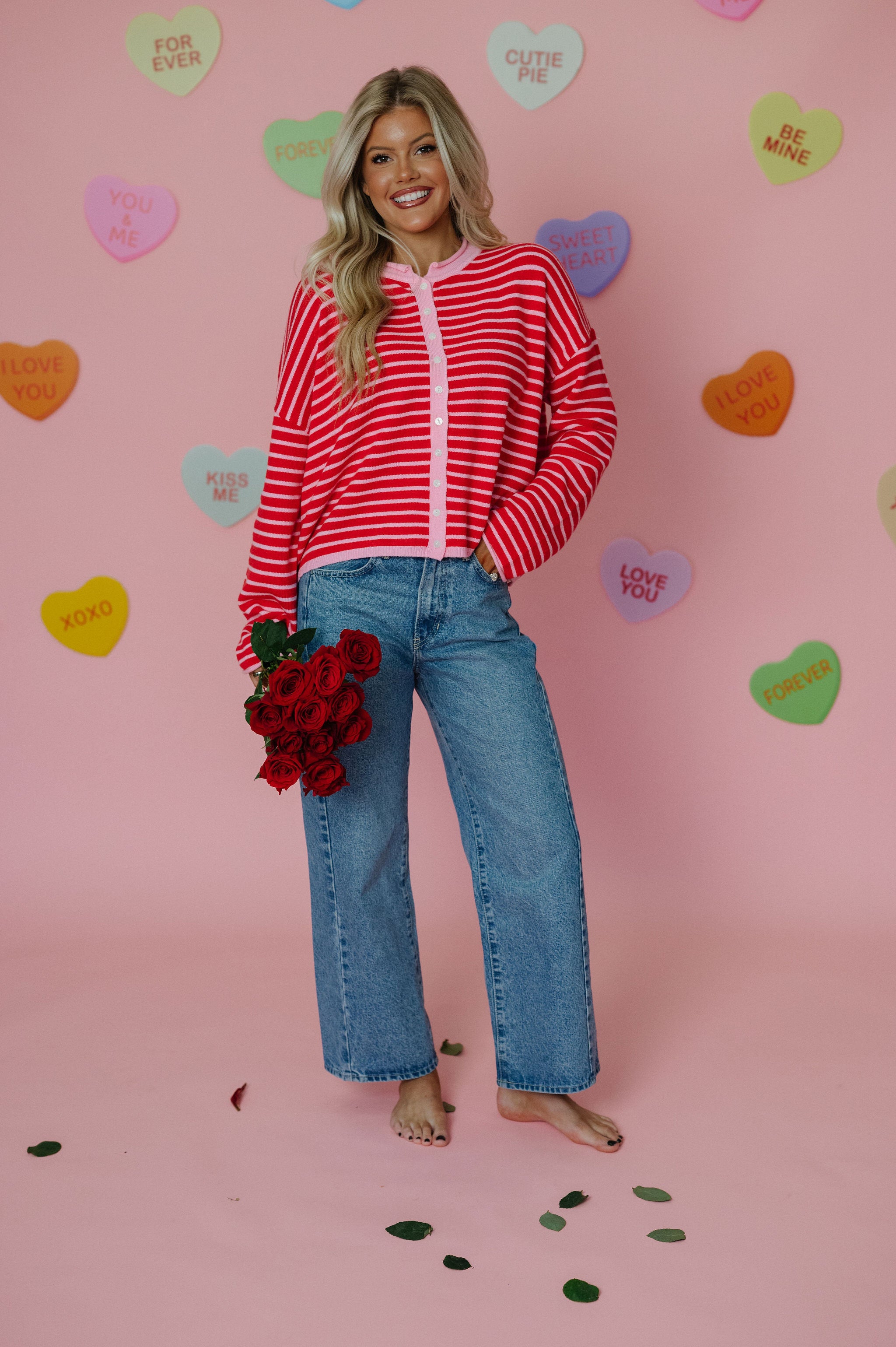 Valerie Striped Cardigan Sweater-Pink/Red