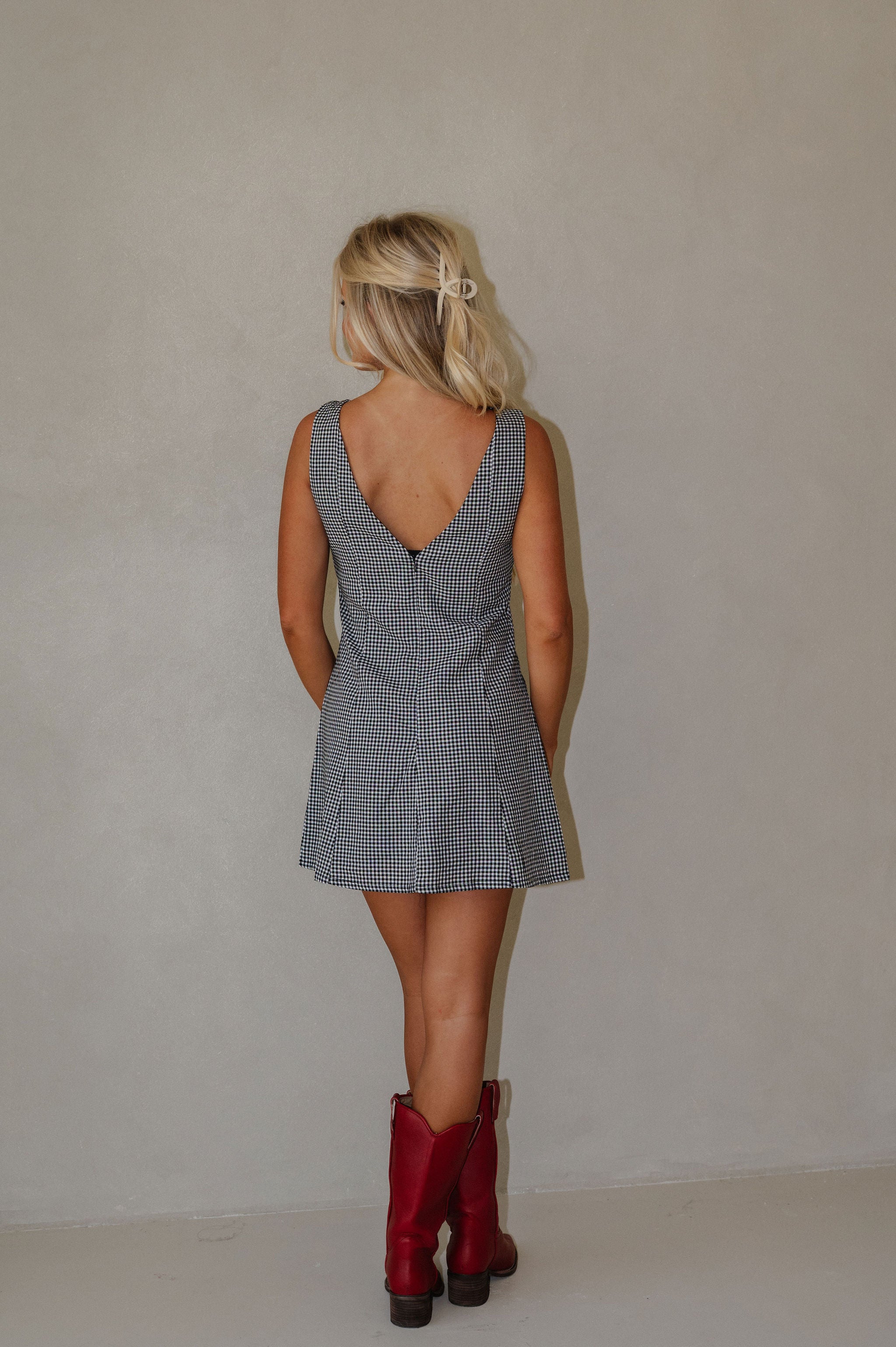 Gingham Print Mini Dress- Black