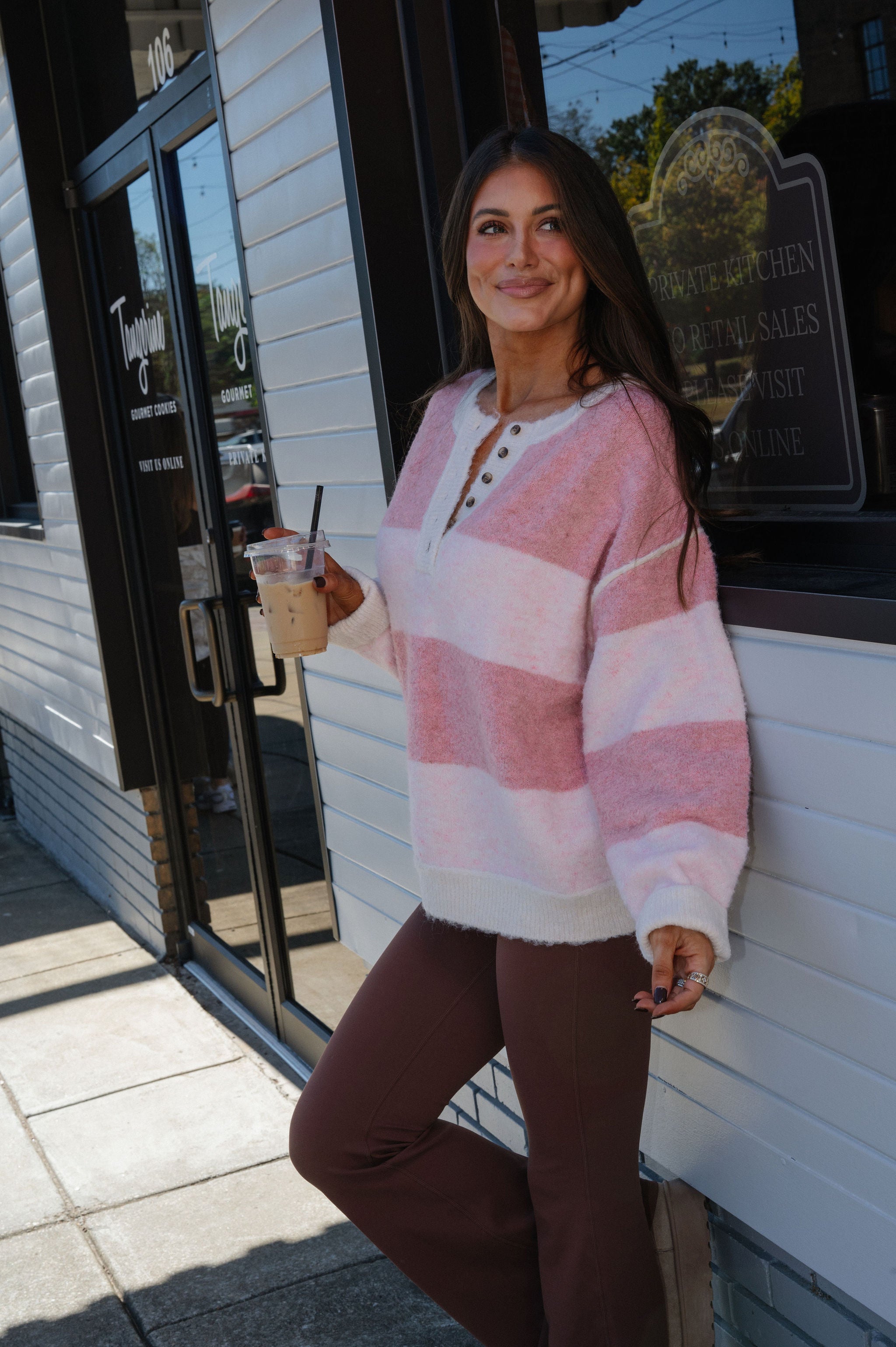 Knit Henley Sweater Top-Pink