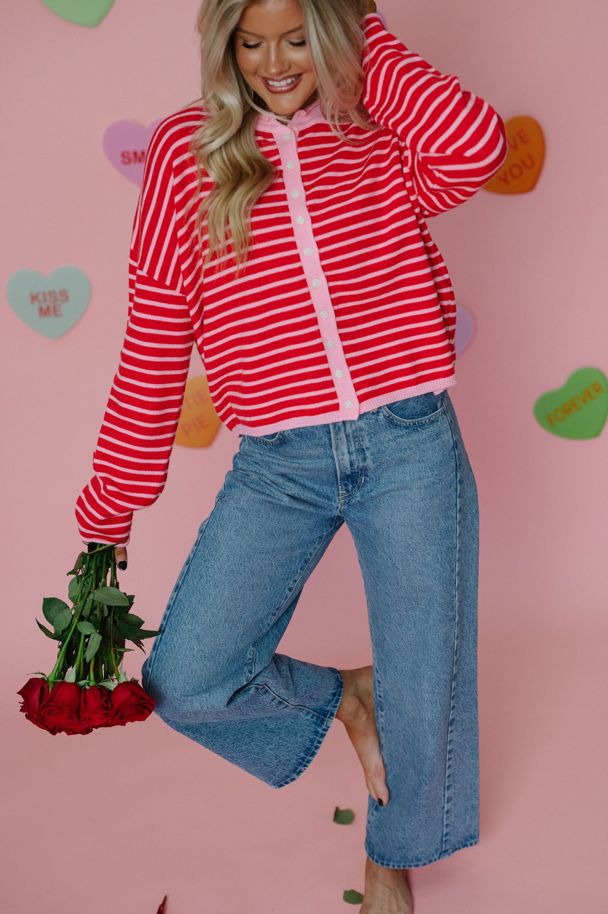 Valerie Striped Cardigan Sweater-Pink/Red