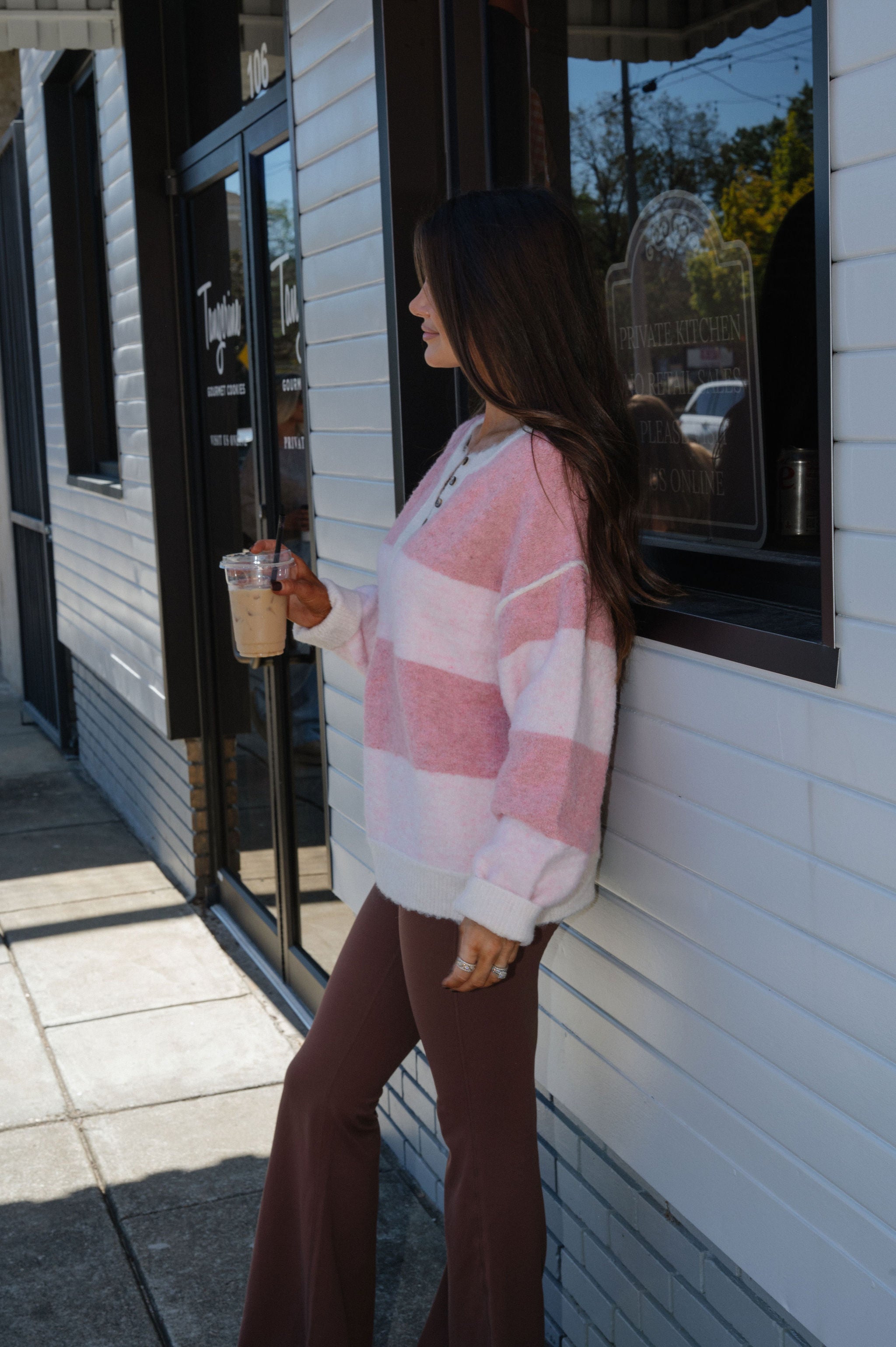 Knit Henley Sweater Top-Pink