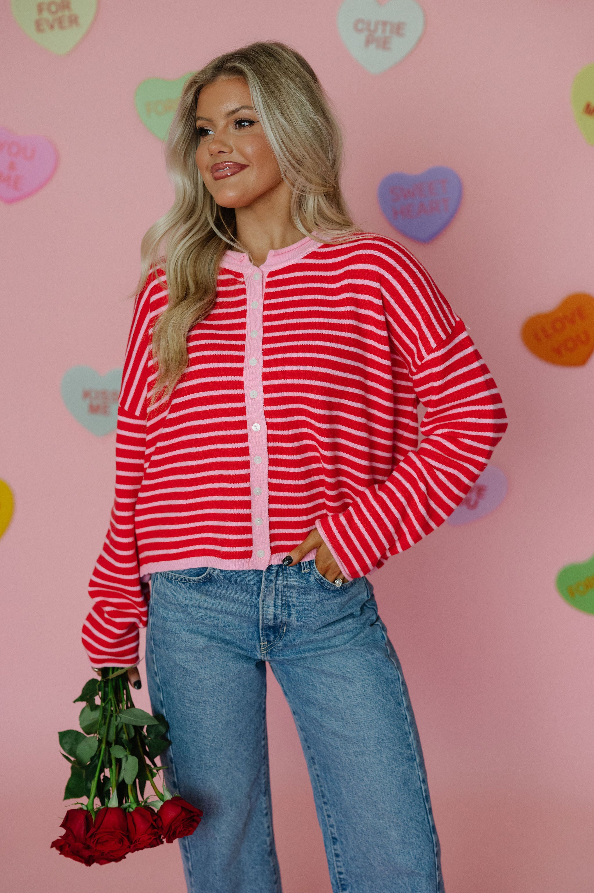Valerie Striped Cardigan Sweater-Pink/Red