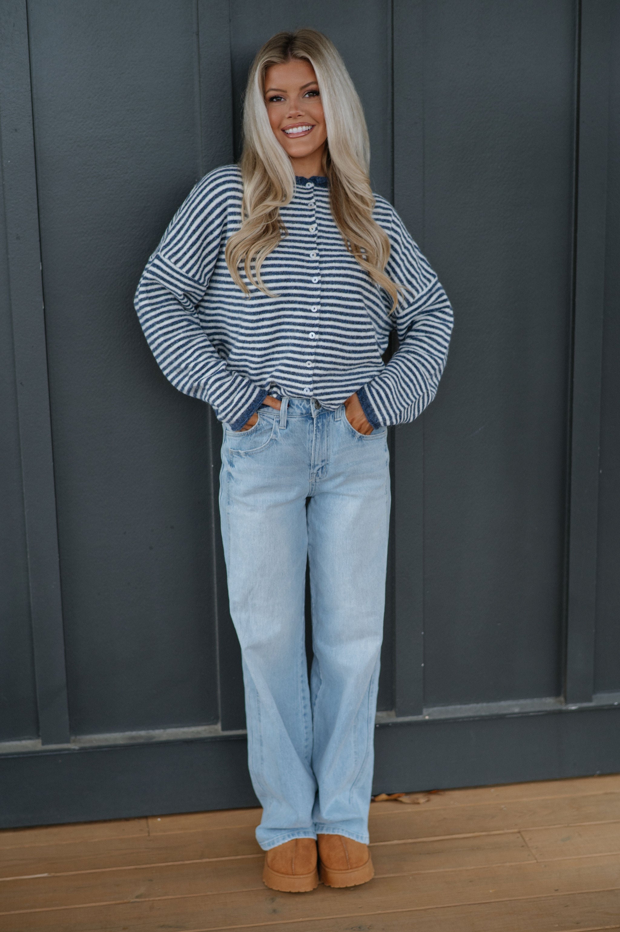 Mallory Mini Striped Cardigan- Denim