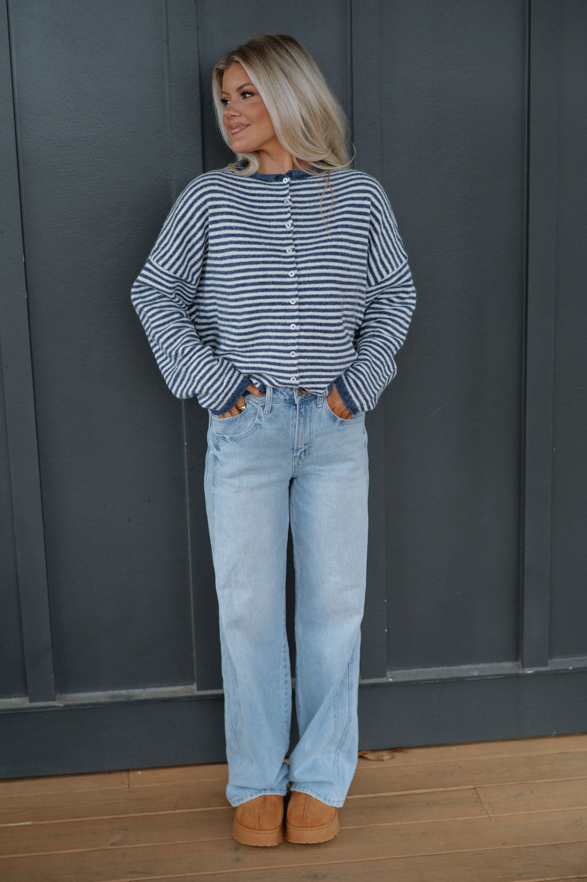 Mallory Mini Striped Cardigan- Denim