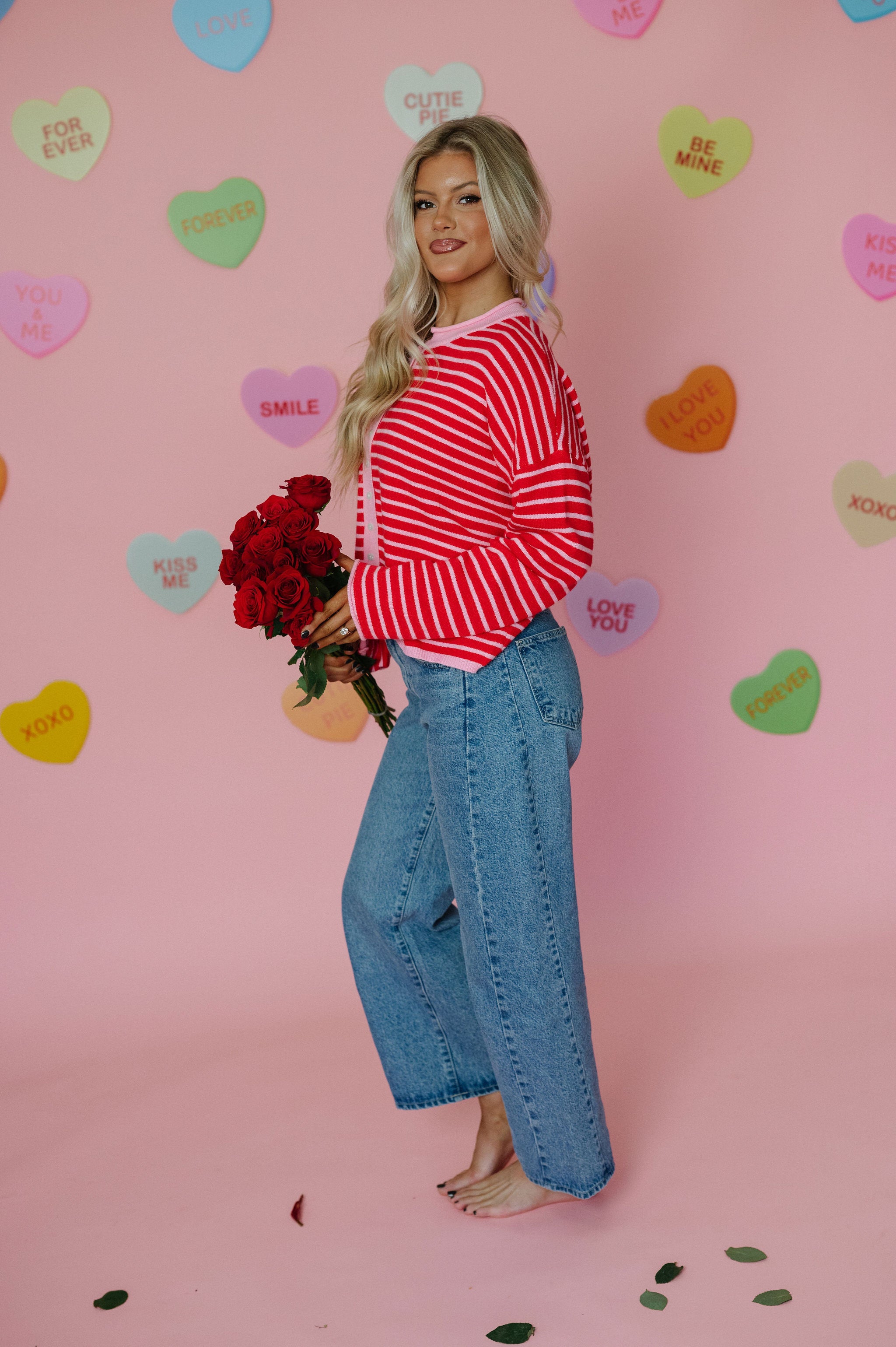 Valerie Striped Cardigan Sweater-Pink/Red