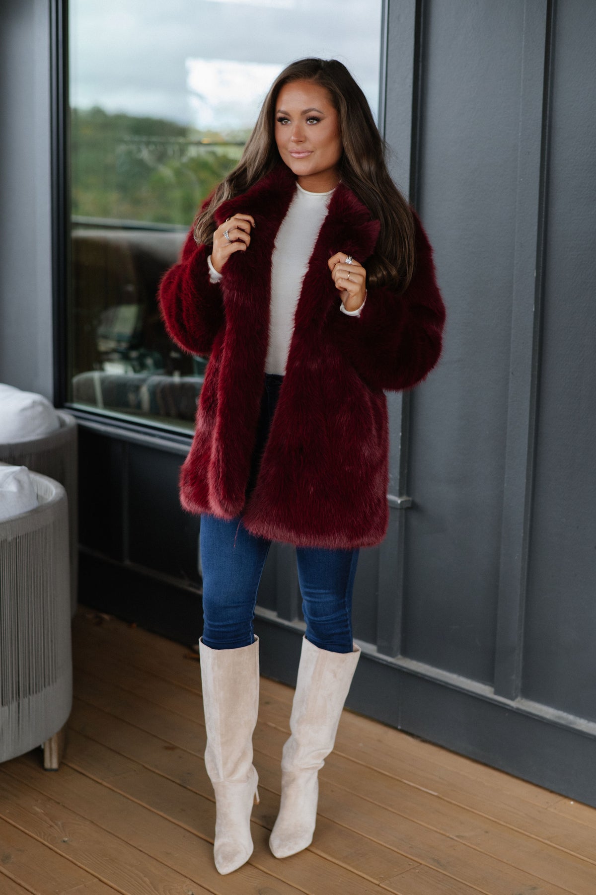 Josephine Faux Fur Coat-Wine