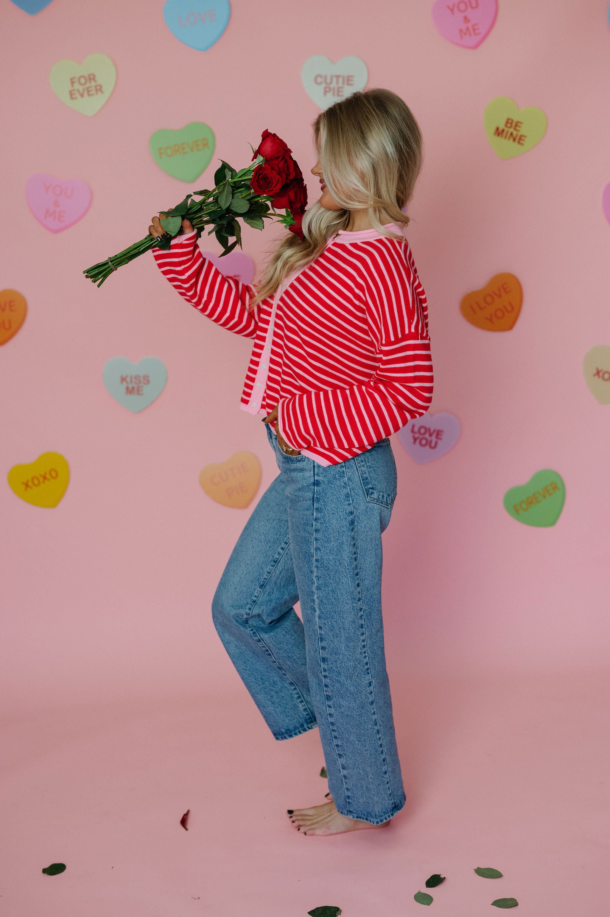 Valerie Striped Cardigan Sweater-Pink/Red