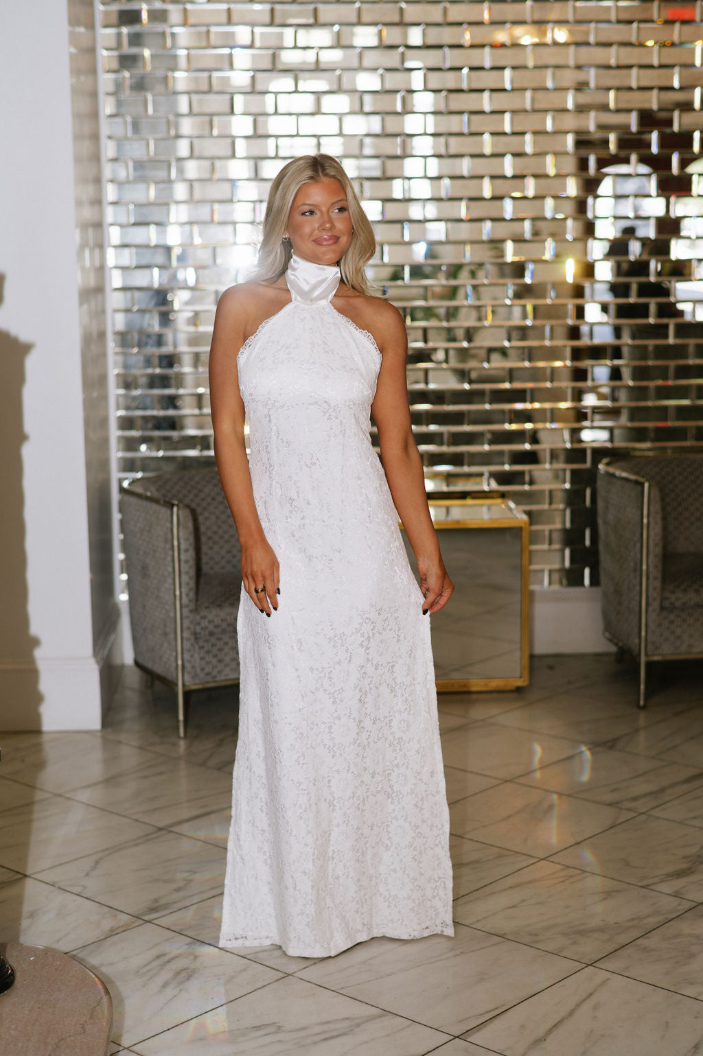 Floral Lace Halter Tie Maxi Dress-White