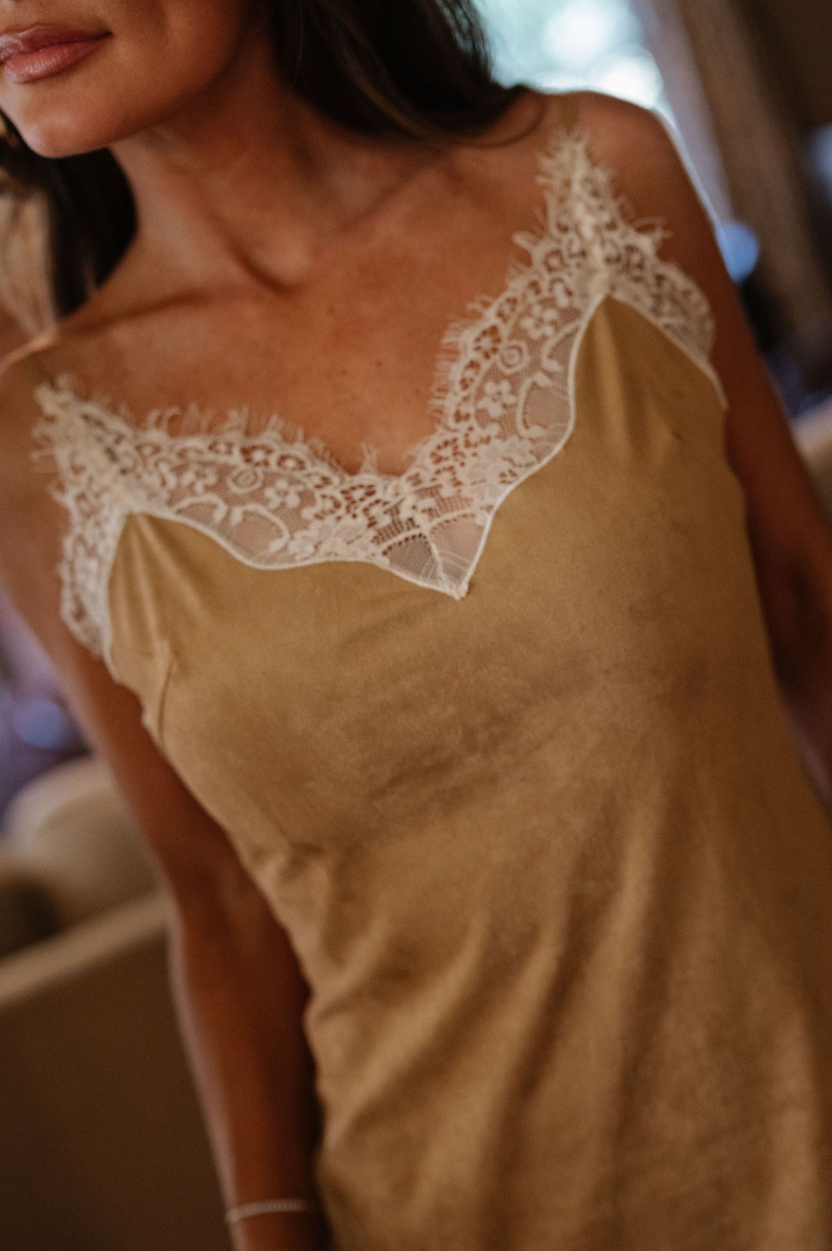 Olivia Midi Lace Suede Dress-Camel