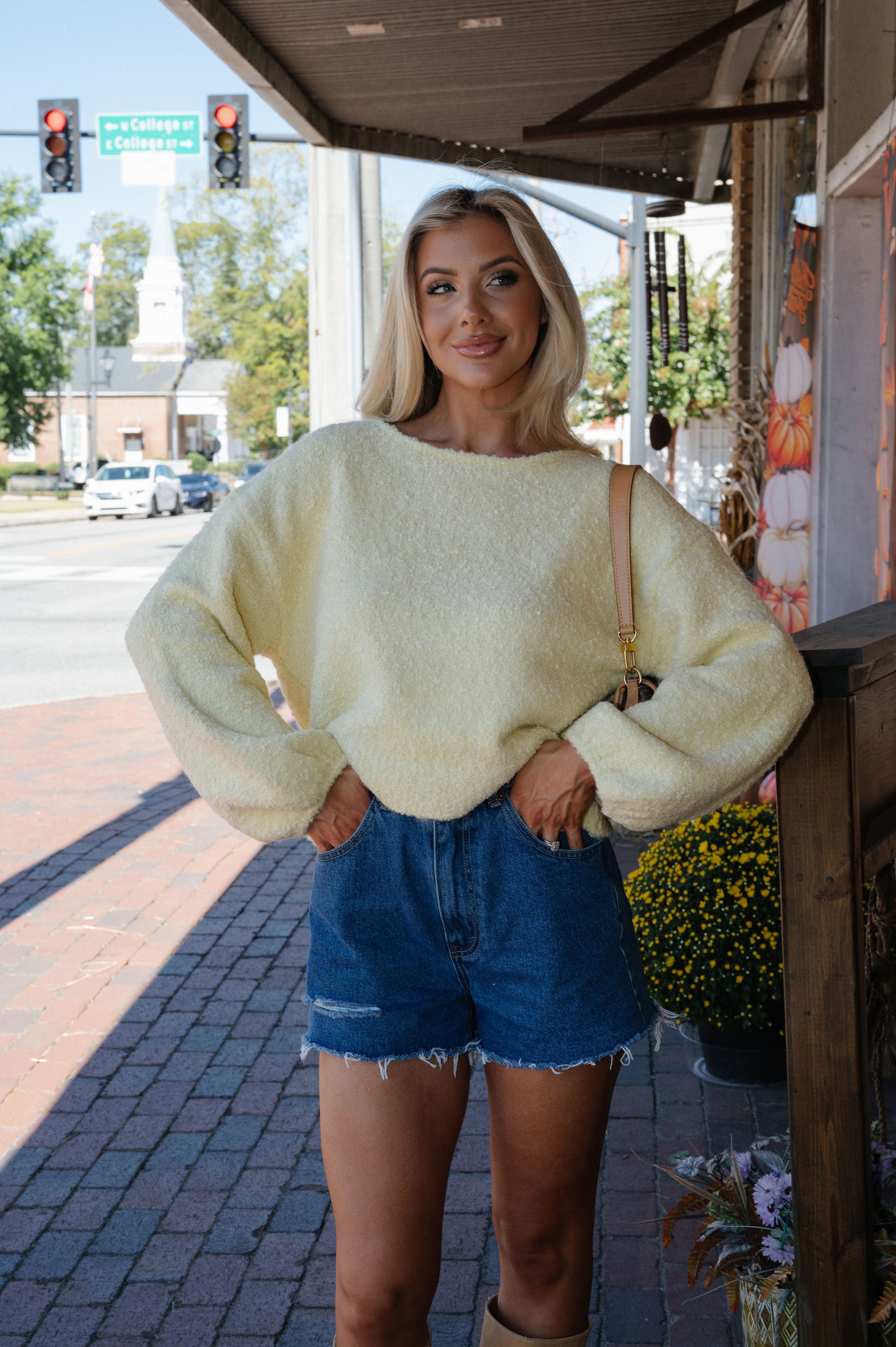 Textured Knit Bubble Sleeve Sweater-Misted Yellow