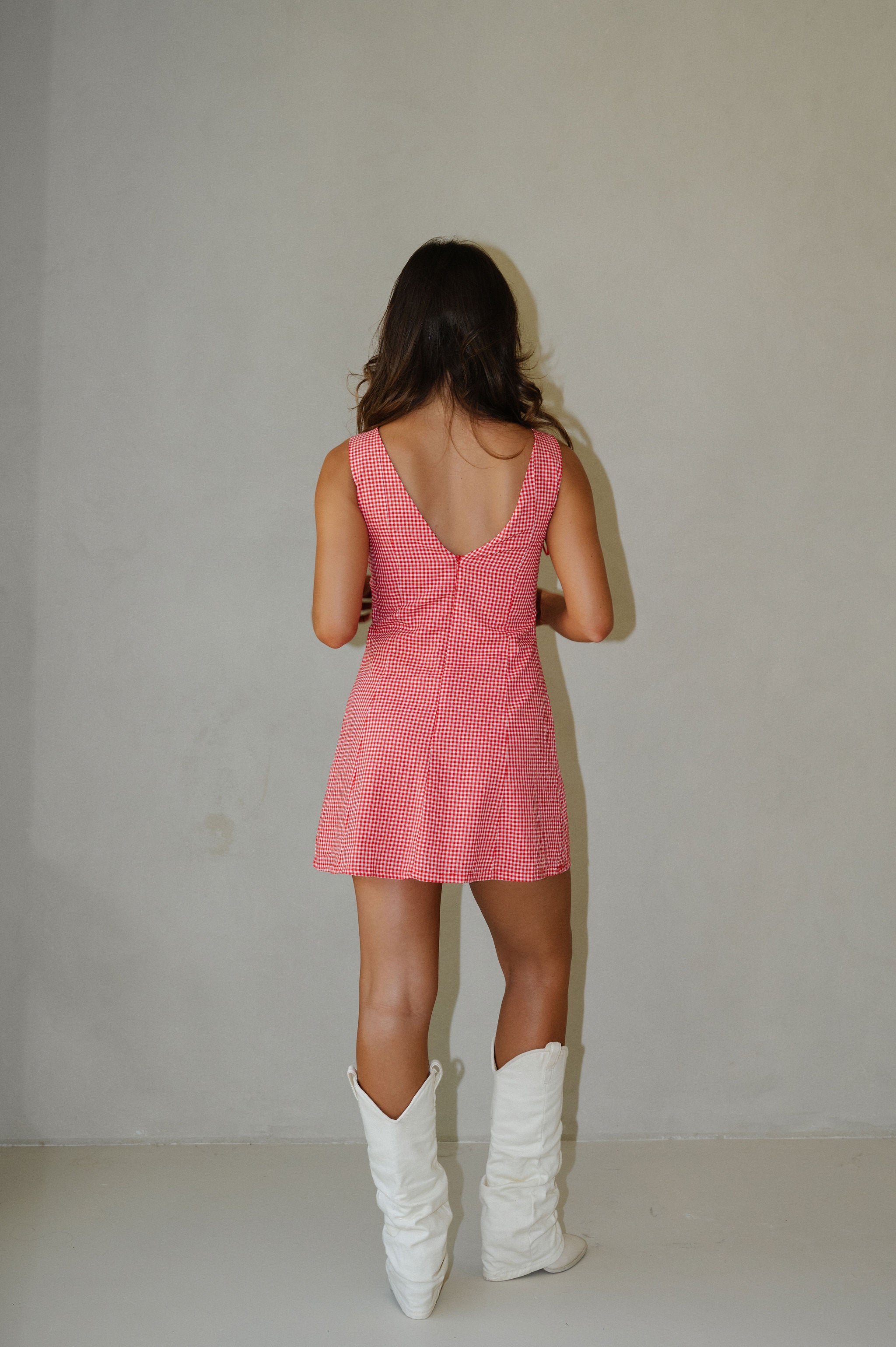 Gingham Print Mini Dress- Red