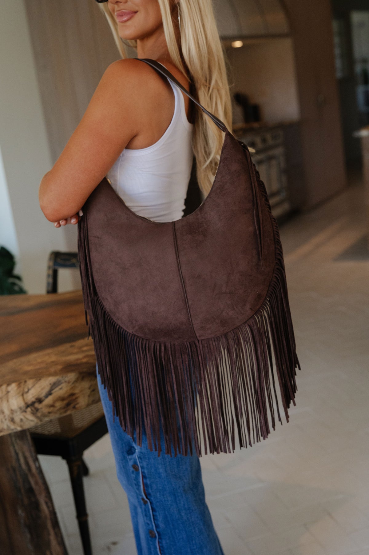 Layered Fringe Shoulder Bag-Coffee