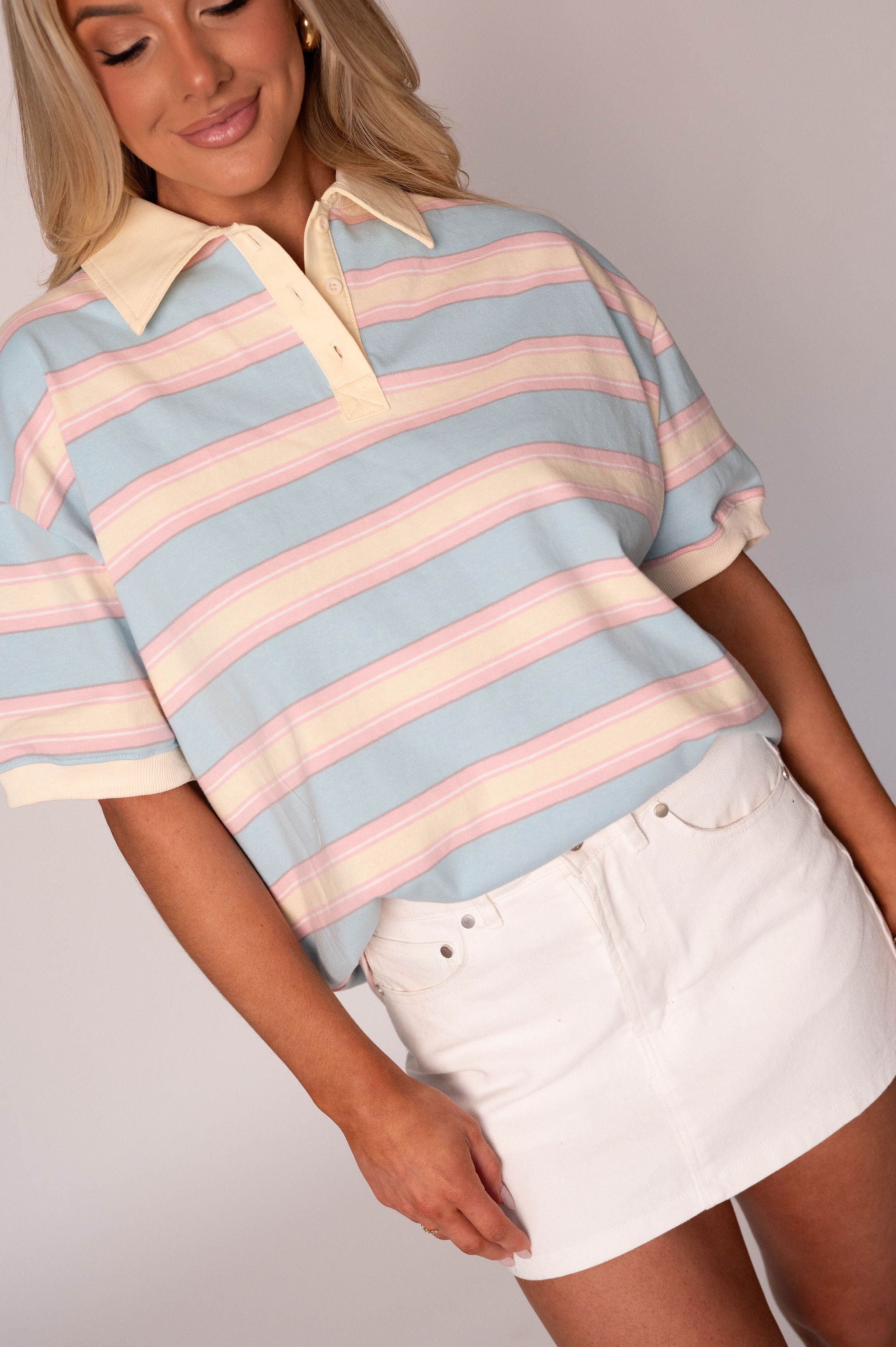 Sully Striped Polo Top-Light Blue/Pink